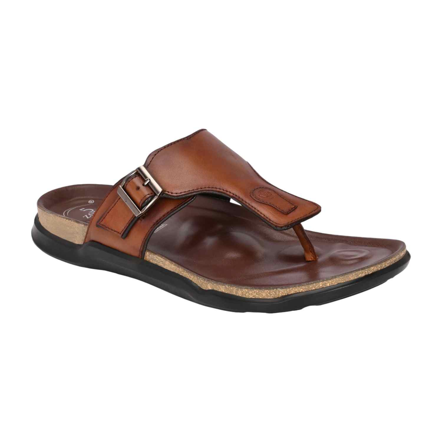 Men Tan Leather Thong Sandal with Adjustable Buckle Strap