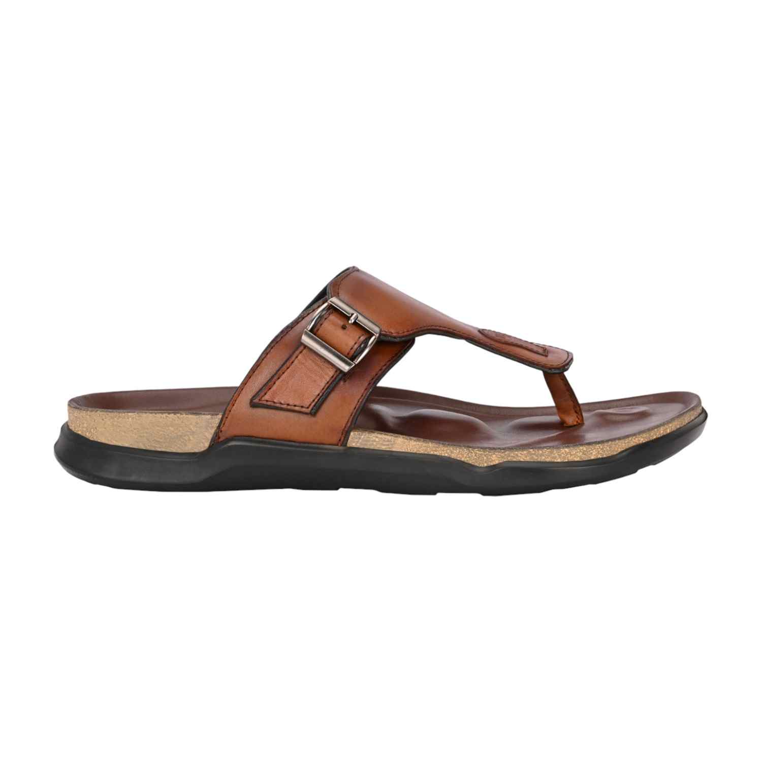 Men Tan Leather Thong Sandal with Adjustable Buckle Strap