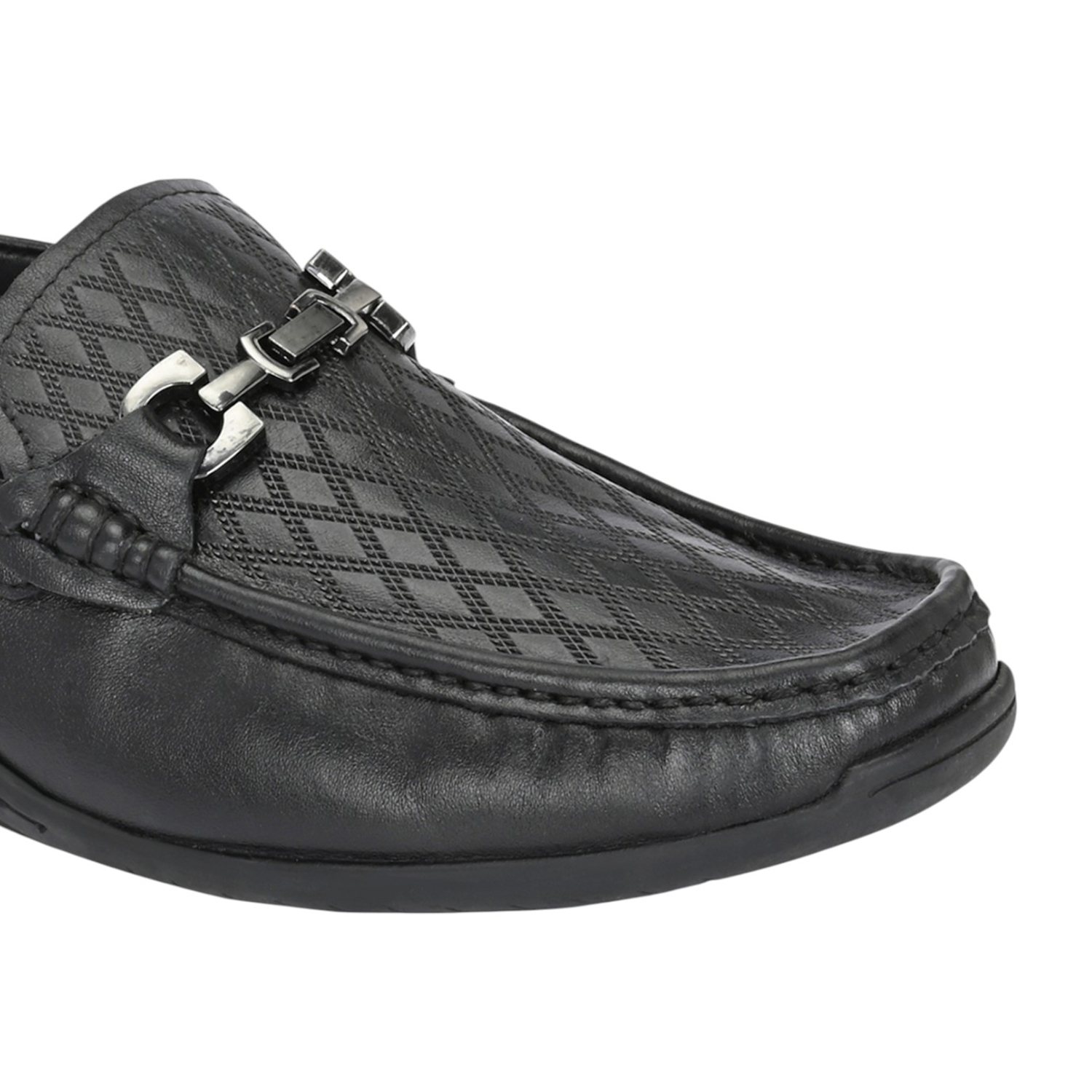 Men Black Textured Slip-On Loafers with Silver-Tone Bit