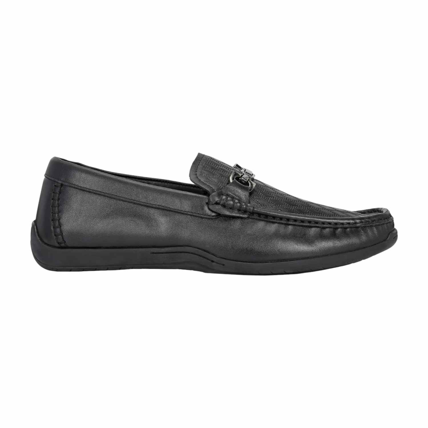 Men Black Textured Slip-On Loafers with Silver-Tone Bit