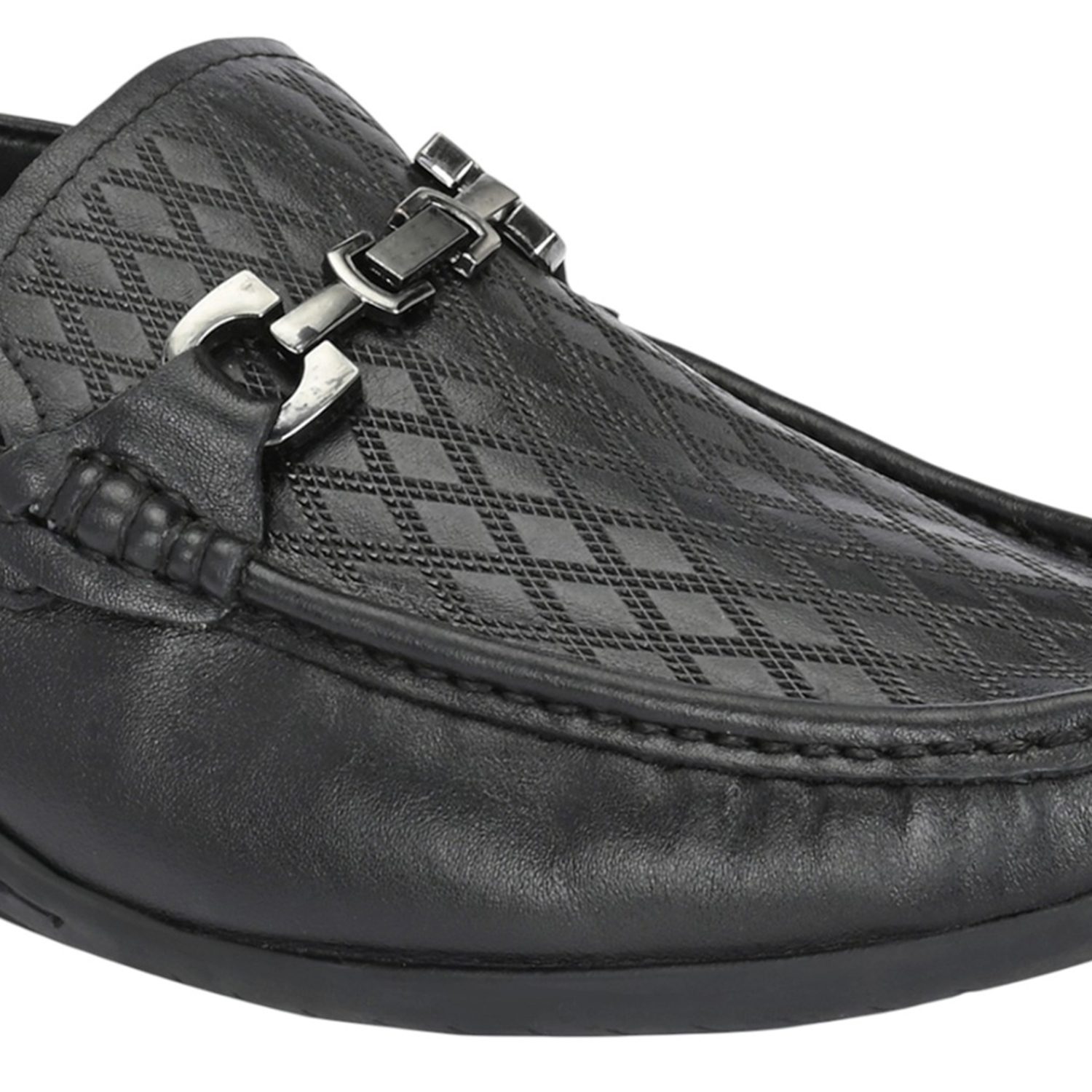 Men Black Textured Slip-On Loafers with Silver-Tone Bit