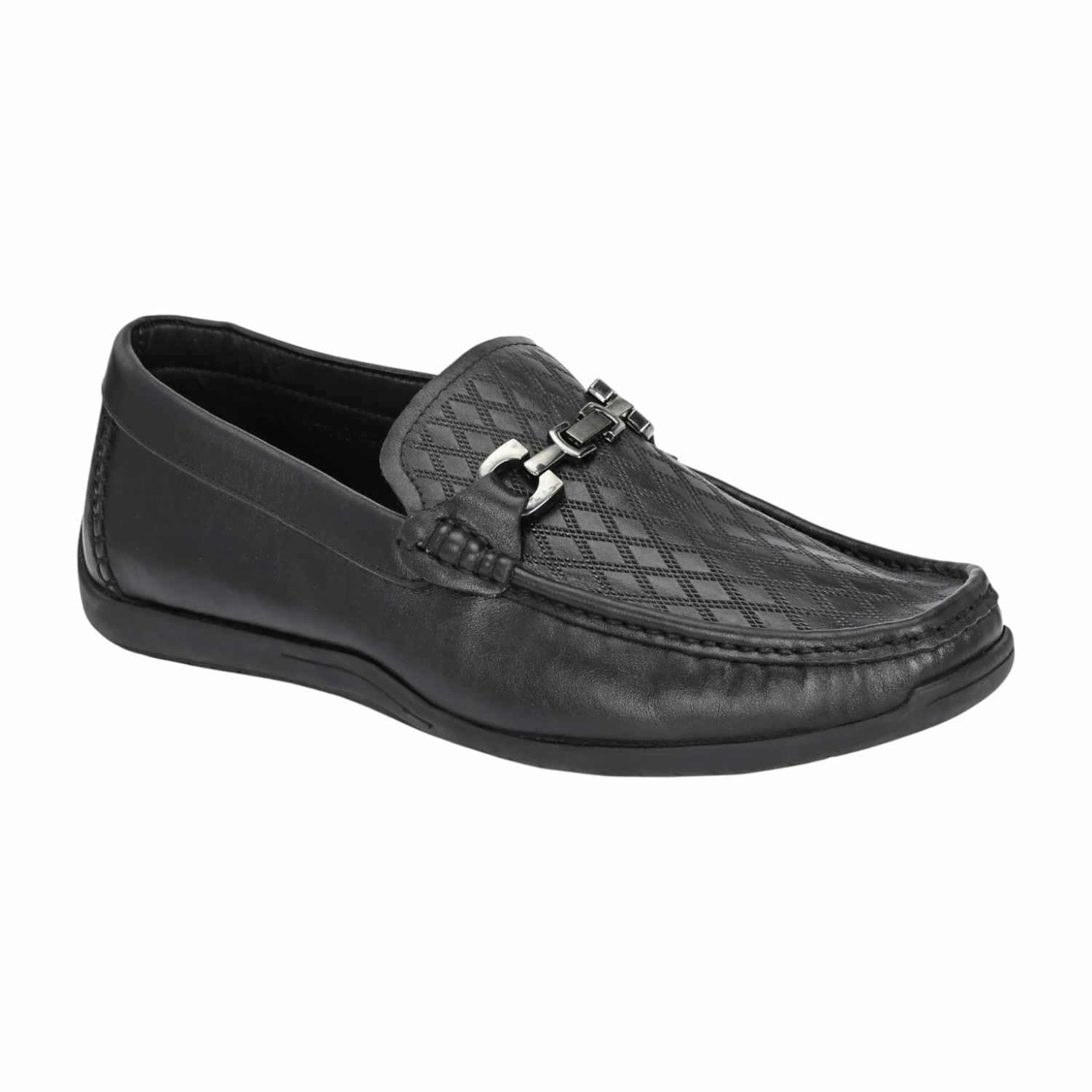Men Black Textured Slip-On Loafers with Silver-Tone Bit