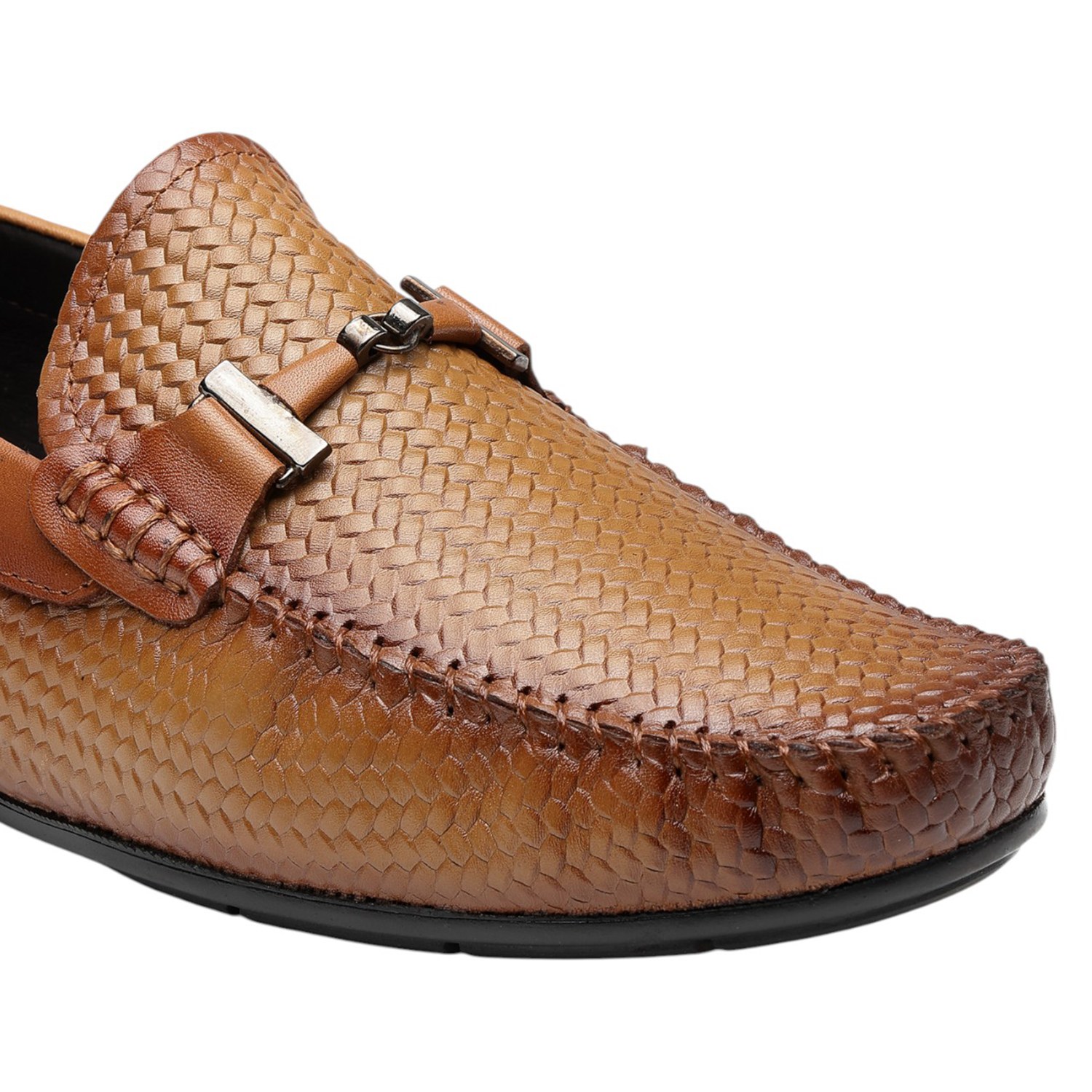 VON WELLX | Men Tan Woven Leather Loafers with Metal Bit Detail|4