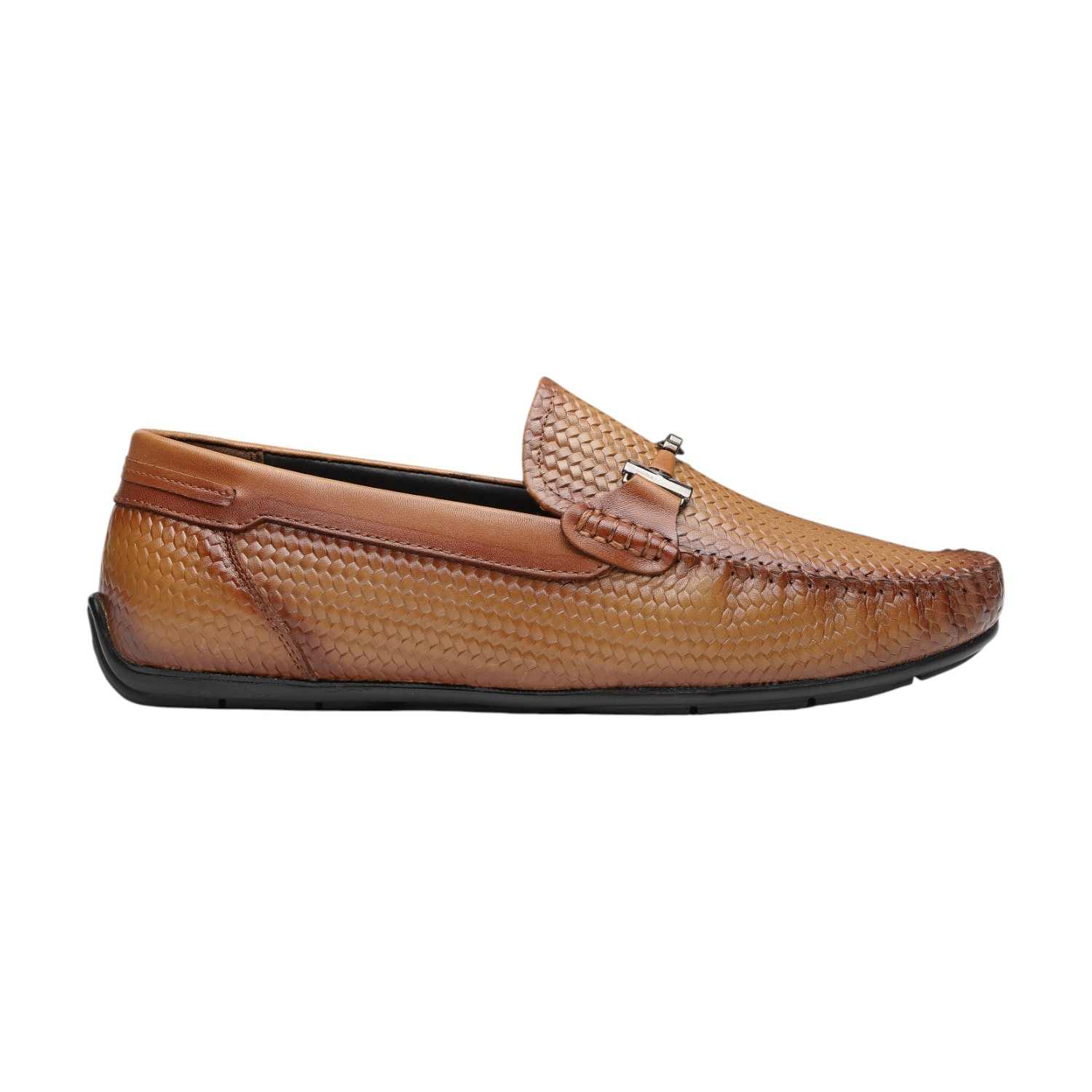 VON WELLX | Men Tan Woven Leather Loafers with Metal Bit Detail|5