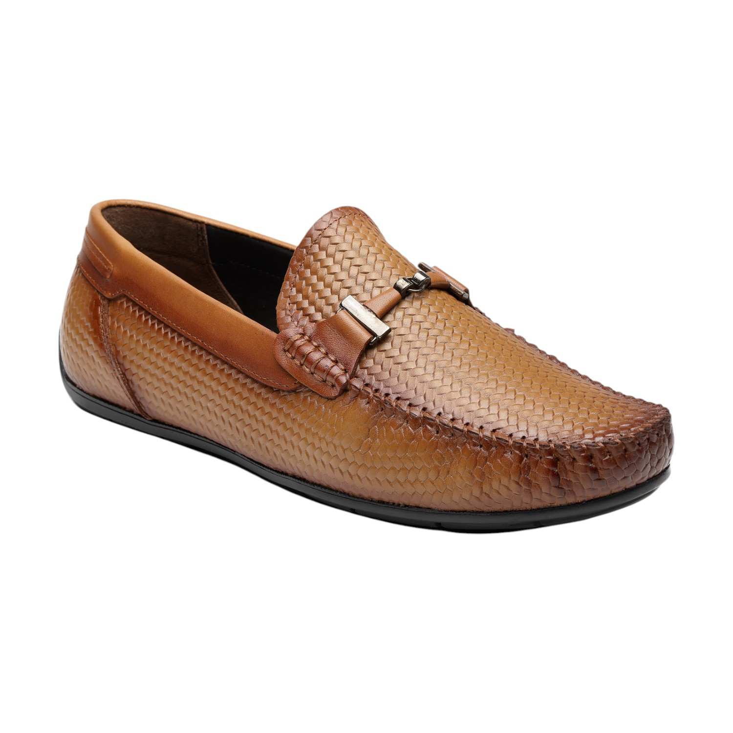 VON WELLX | Men Tan Woven Leather Loafers with Metal Bit Detail|0
