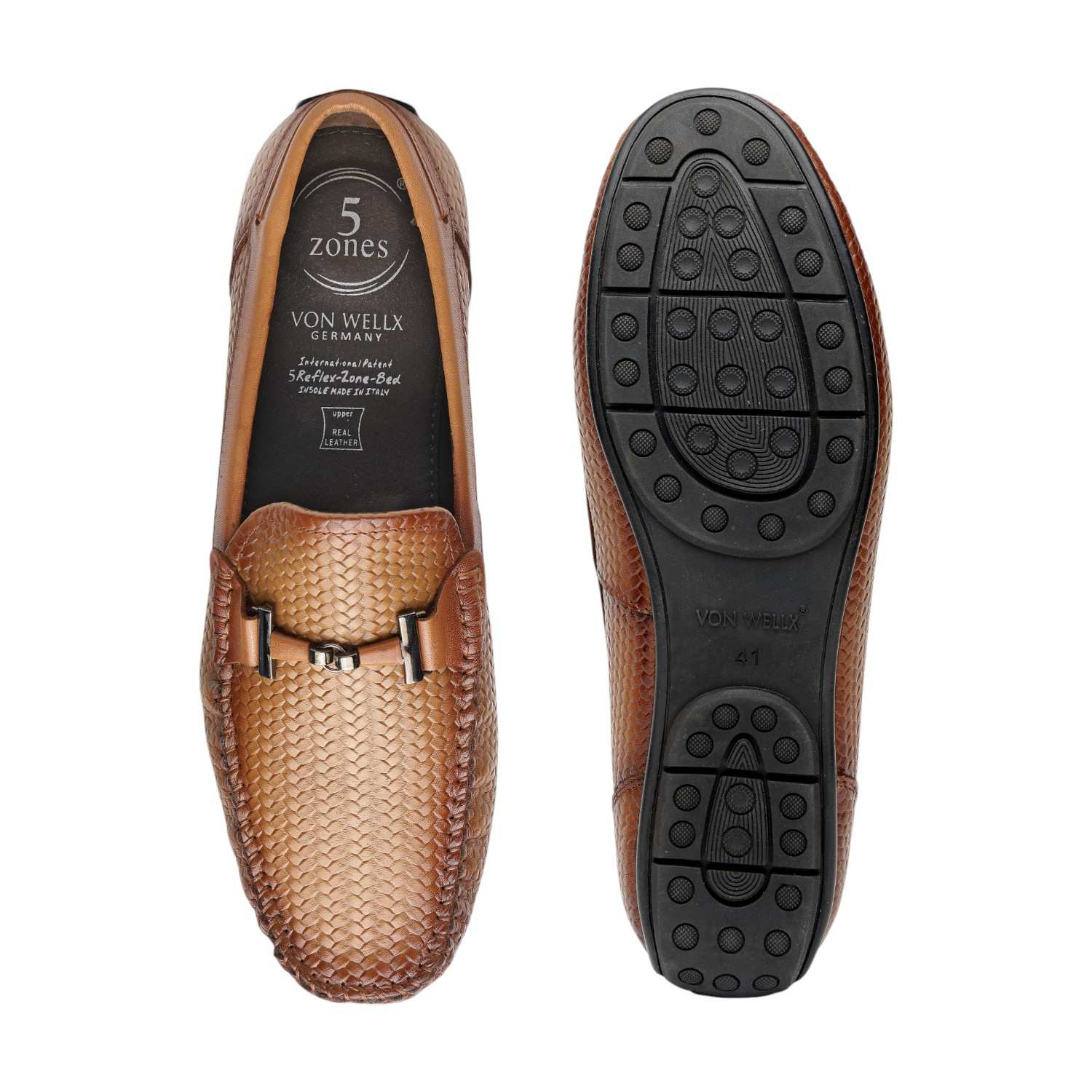 VON WELLX | Men Tan Woven Leather Loafers with Metal Bit Detail|2