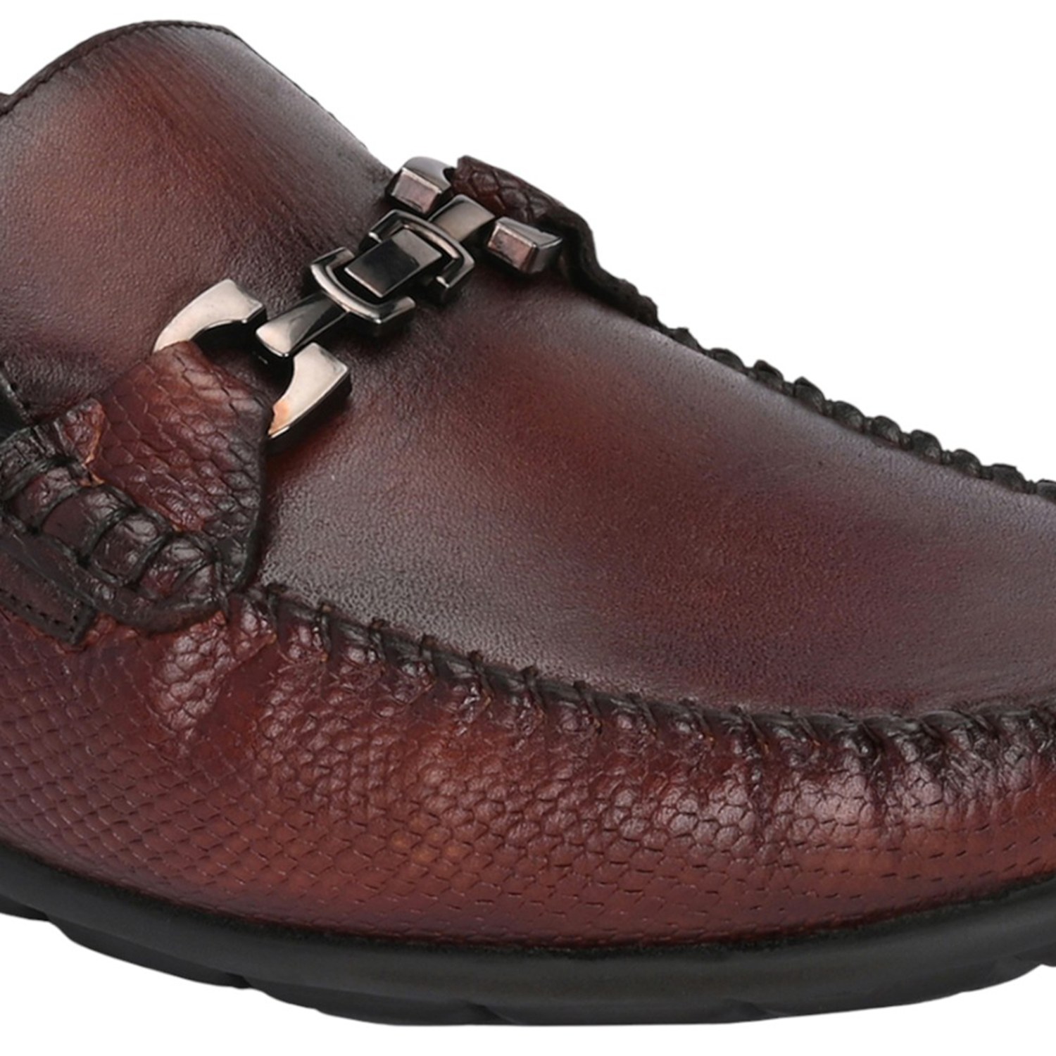 Men Brown Leather Loafers with Metal Bit Detail