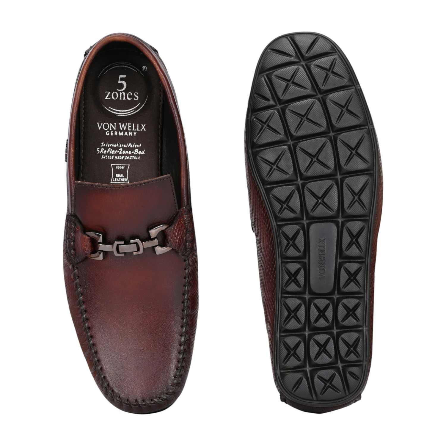 Men Brown Leather Loafers with Metal Bit Detail