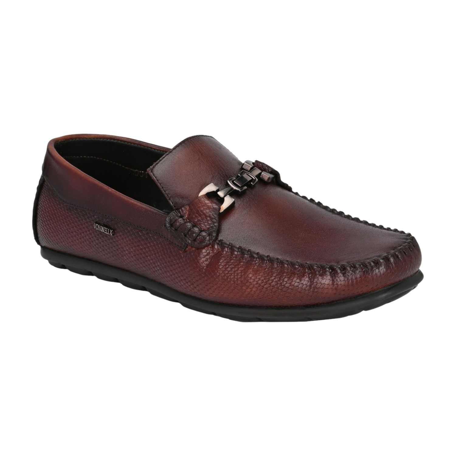 Men Brown Leather Loafers with Metal Bit Detail