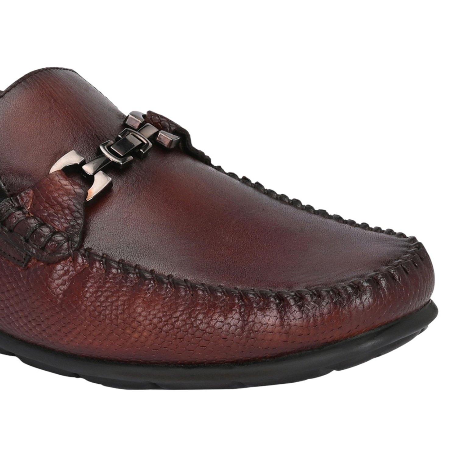 Men Brown Leather Loafers with Metal Bit Detail