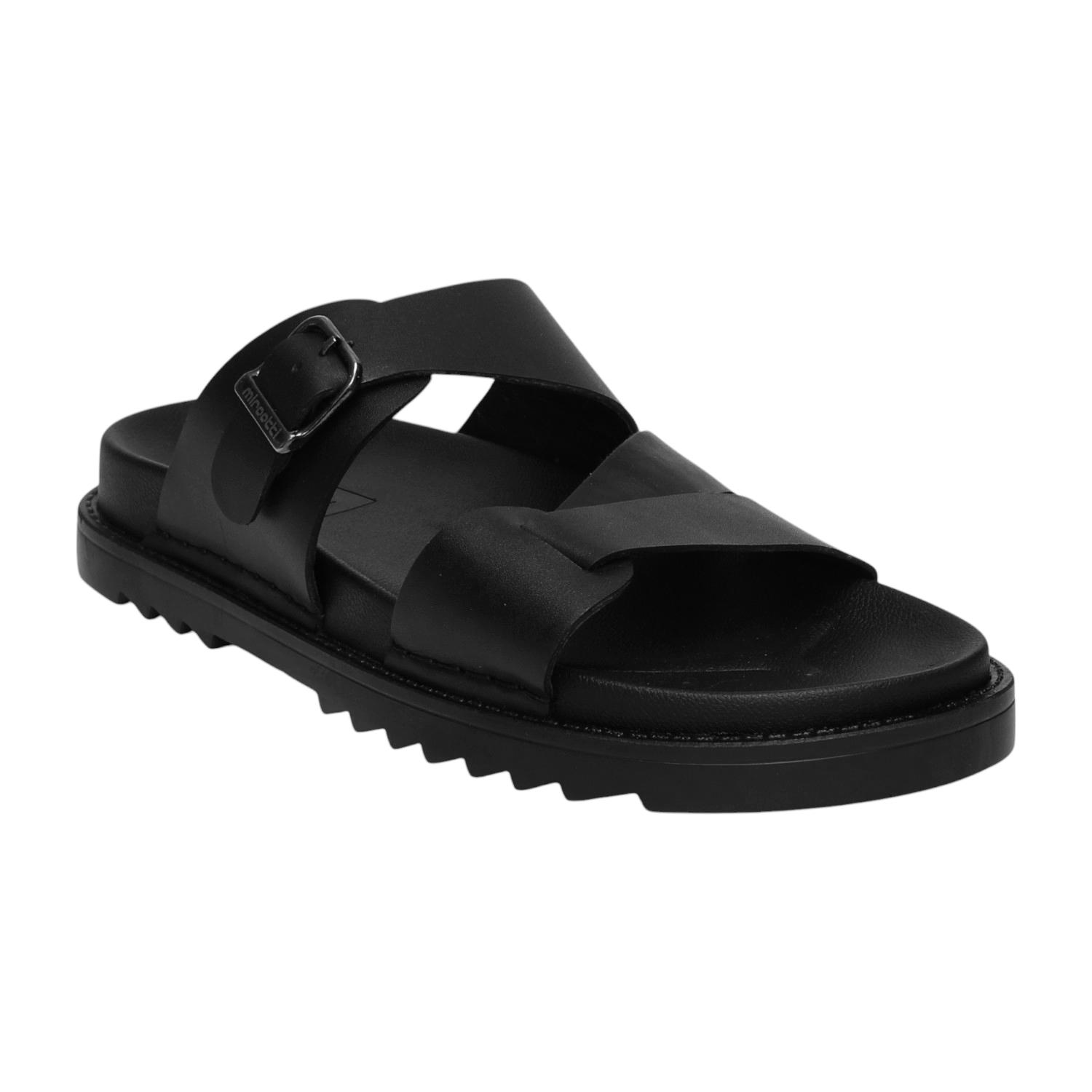 Men Black Cross-Strap Buckle Comfort Slides