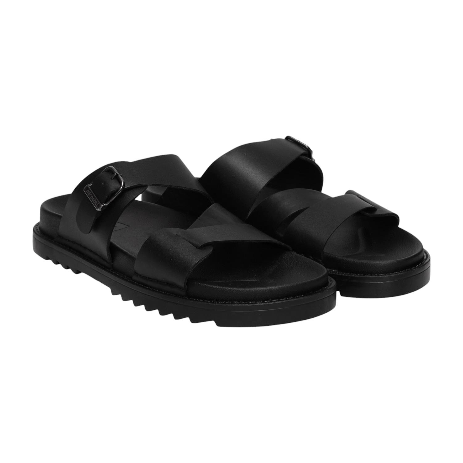Men Black Cross-Strap Buckle Comfort Slides