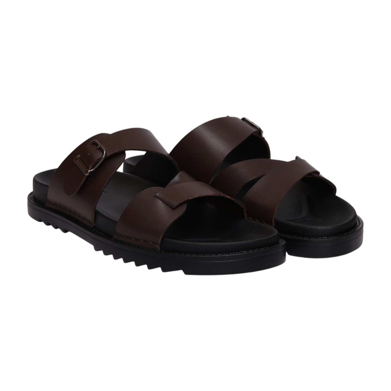Men Brown Cross-Strap Buckle Comfort Slides