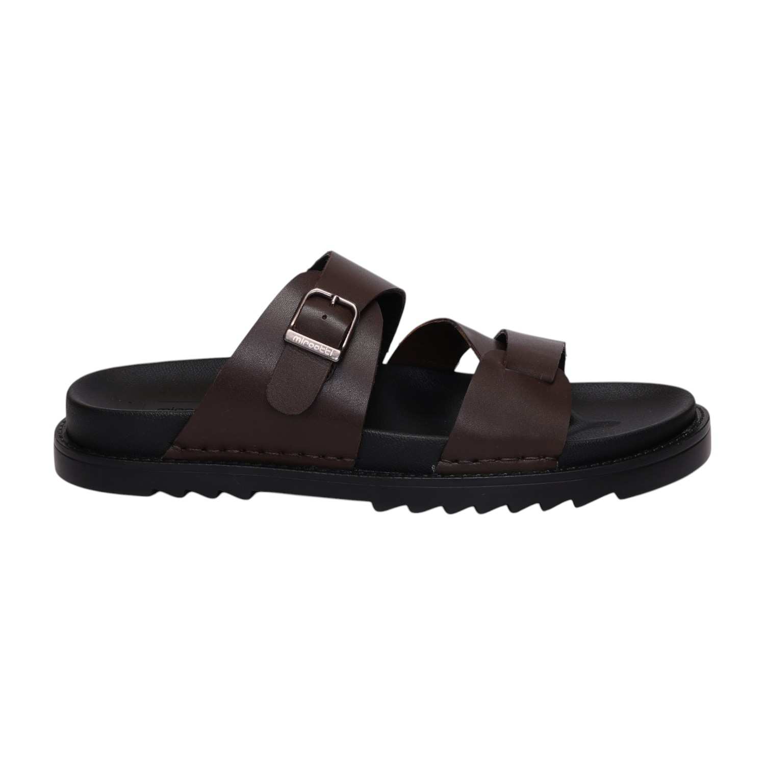 Men Brown Cross-Strap Buckle Comfort Slides