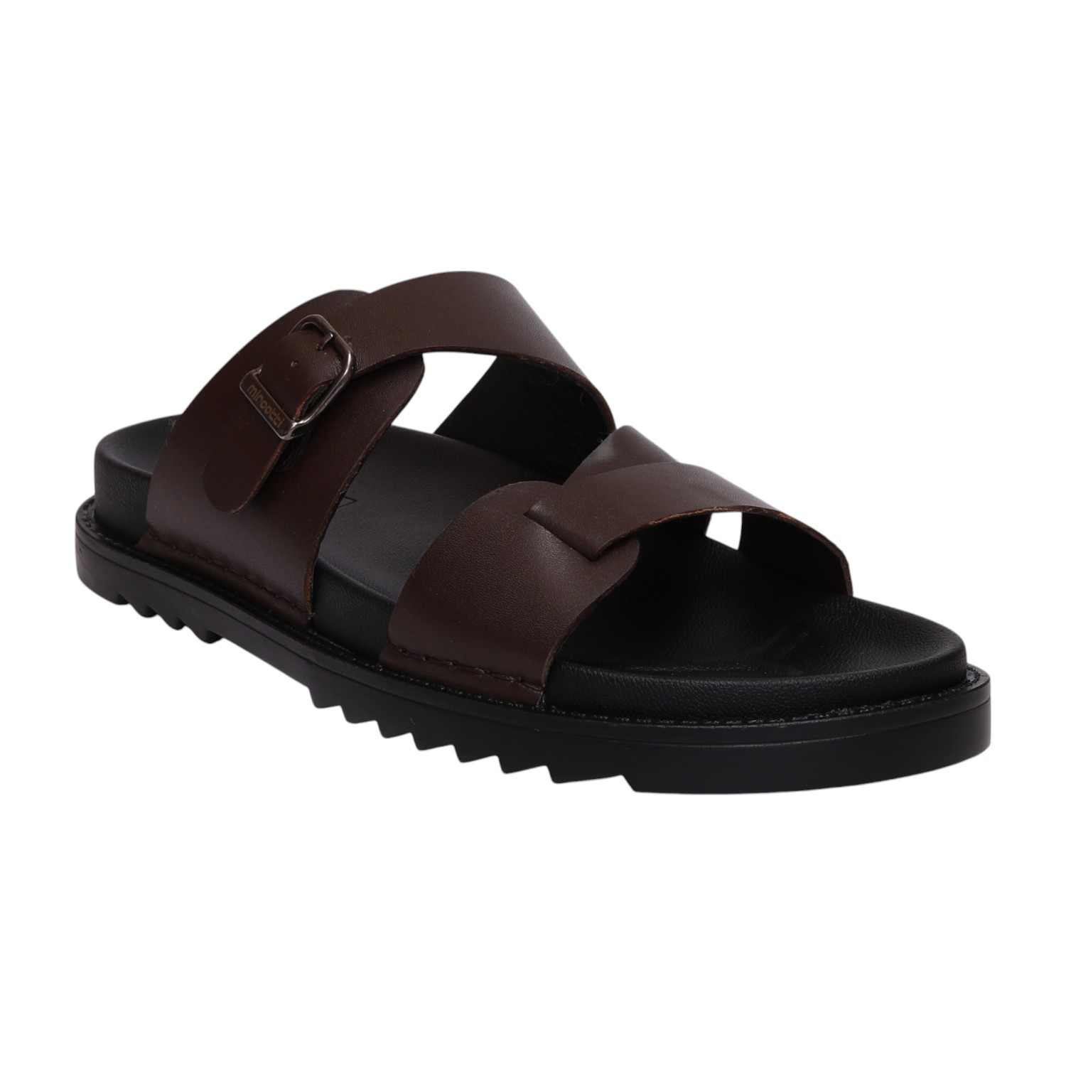 Men Brown Cross-Strap Buckle Comfort Slides