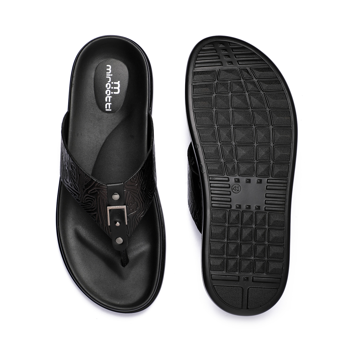 Men Black Textured Leather Chappal with Metal Detailing