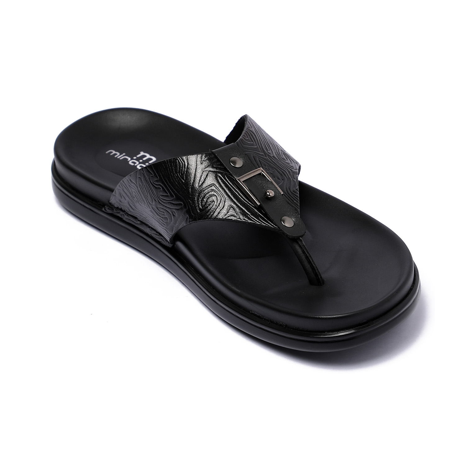 Men Black Textured Leather Chappal with Metal Detailing