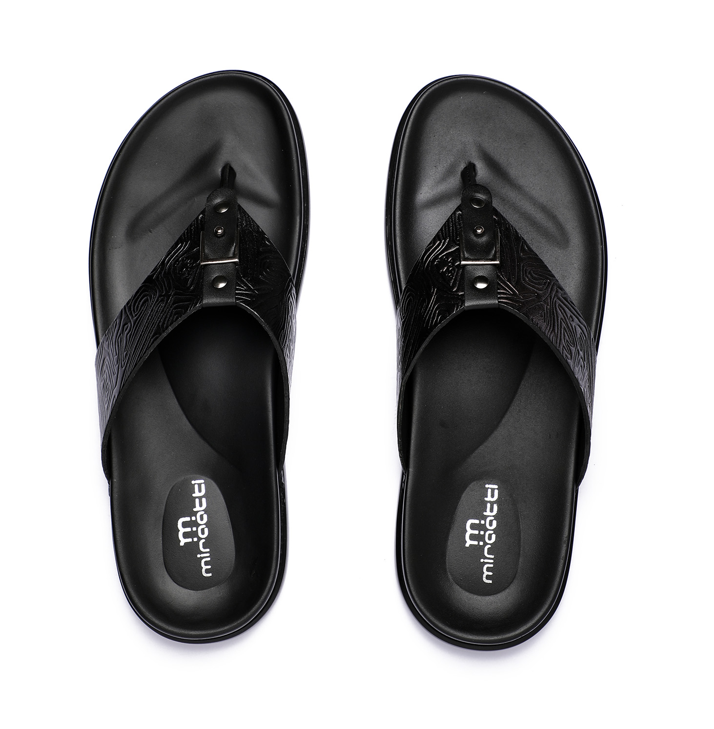 Men Black Textured Leather Chappal with Metal Detailing