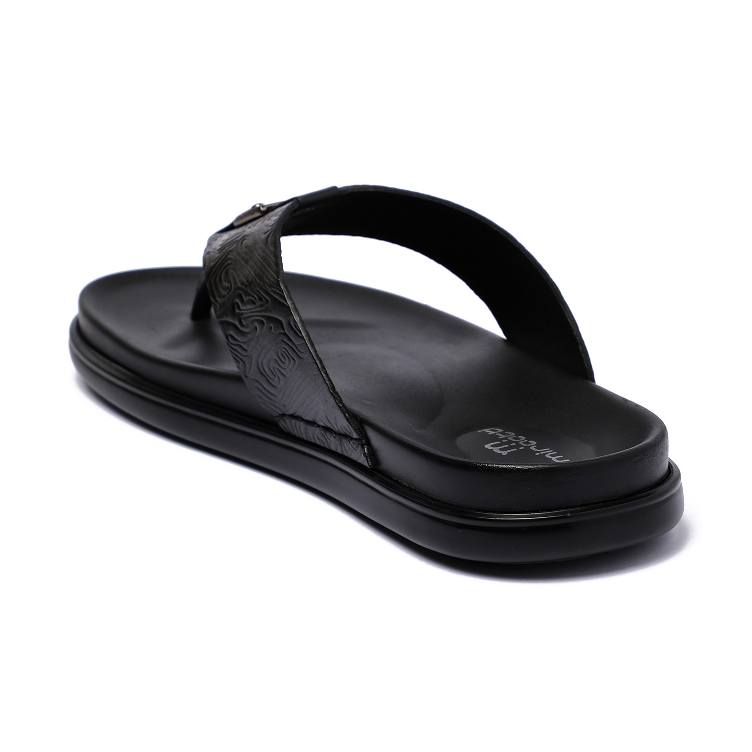 Men Black Textured Leather Chappal with Metal Detailing