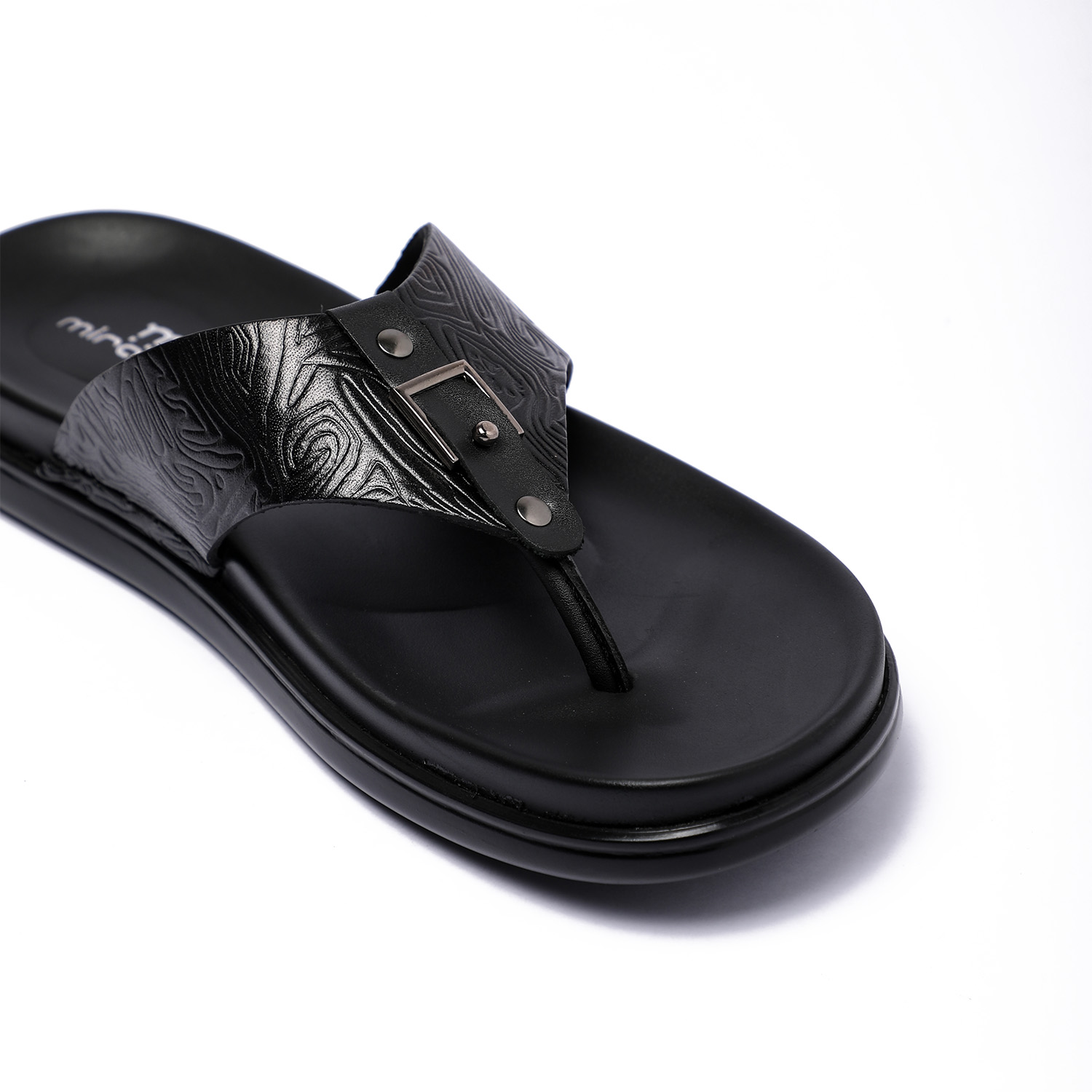 Men Black Textured Leather Chappal with Metal Detailing