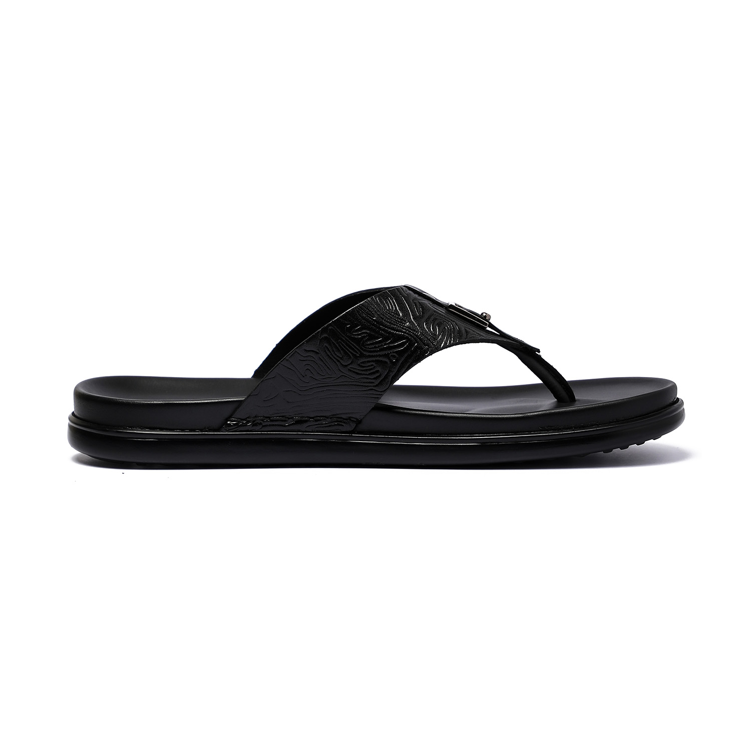 Men Black Textured Leather Chappal with Metal Detailing