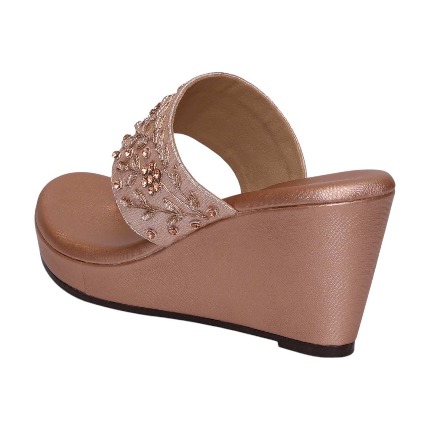 Women Rose Gold Embroidered Wedge Sandals