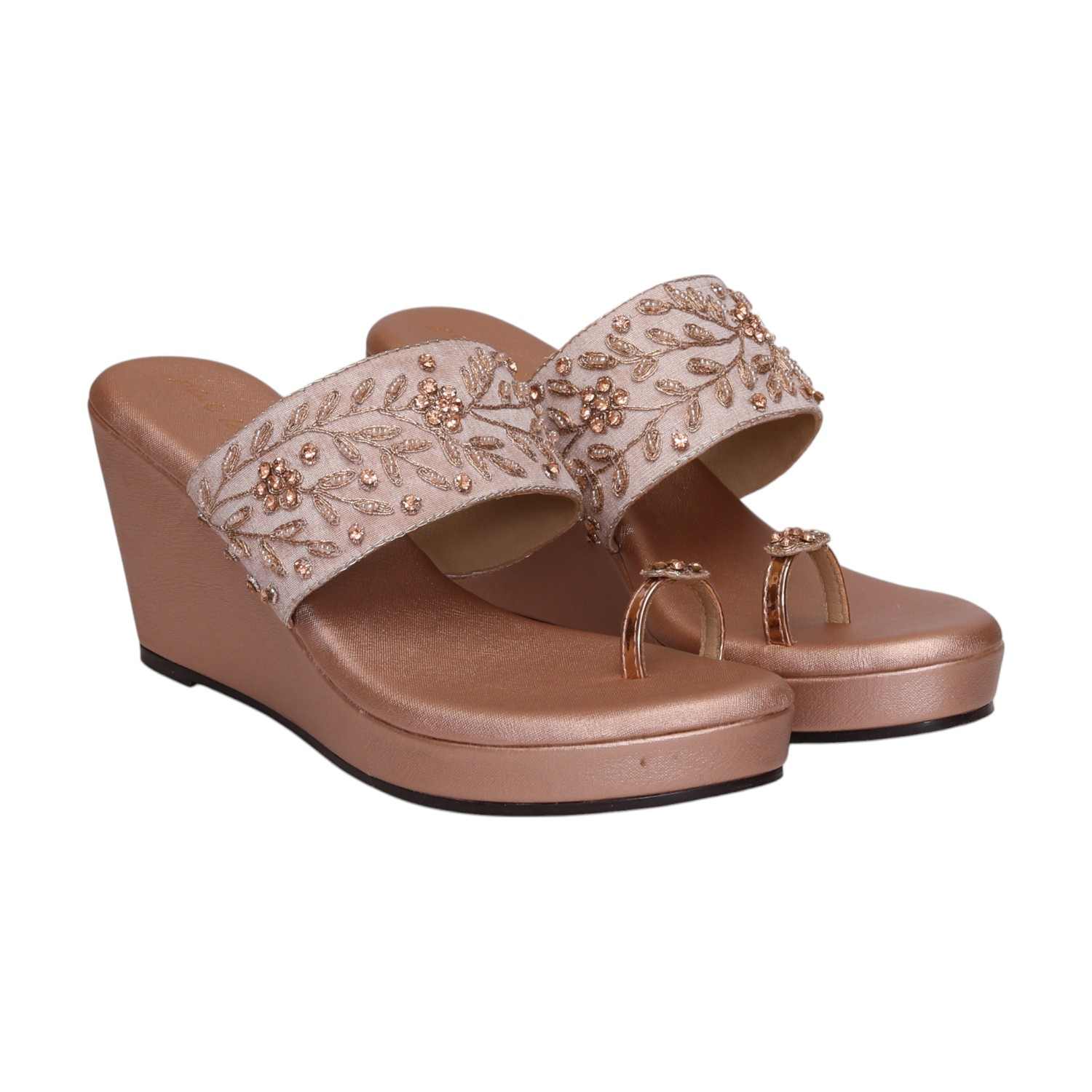 Women Rose Gold Embroidered Wedge Sandals