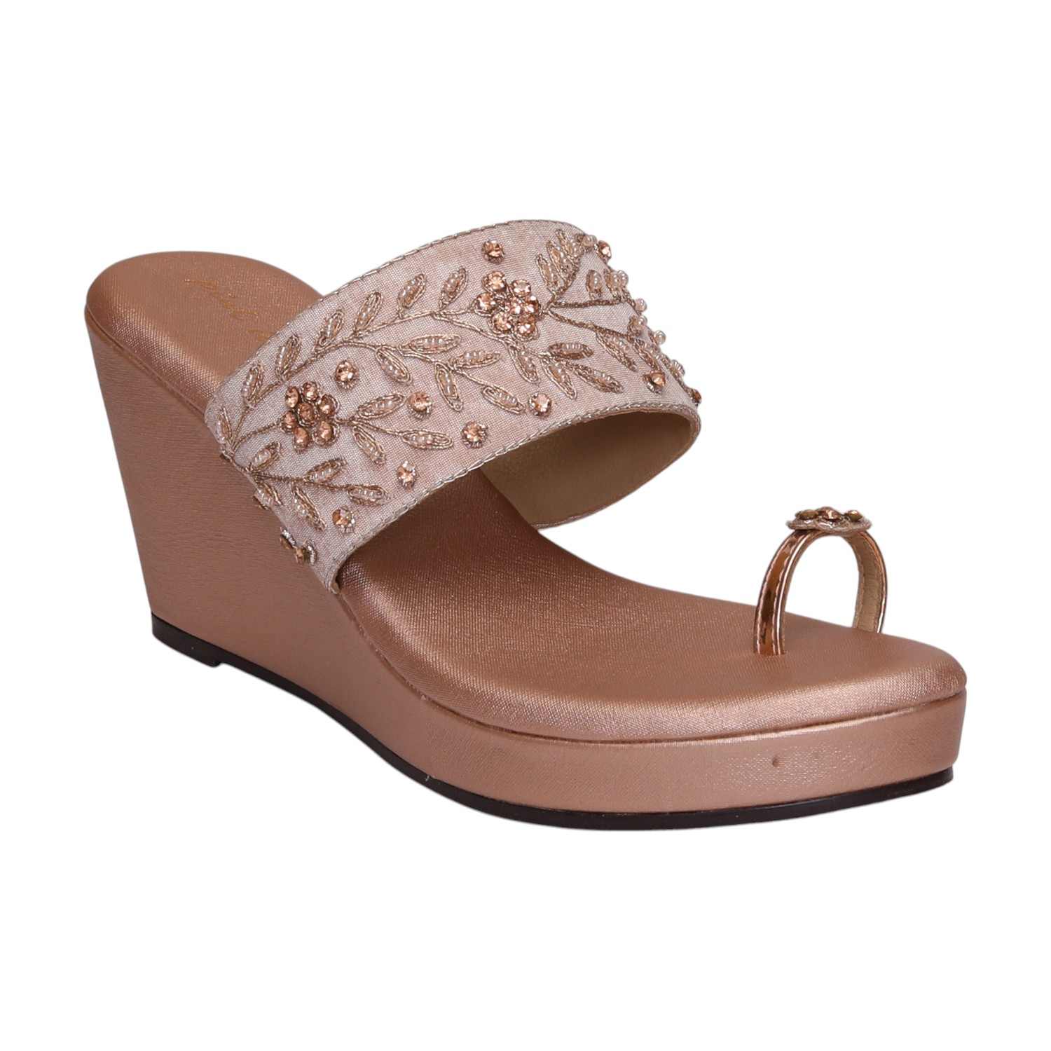 Women Rose Gold Embroidered Wedge Sandals