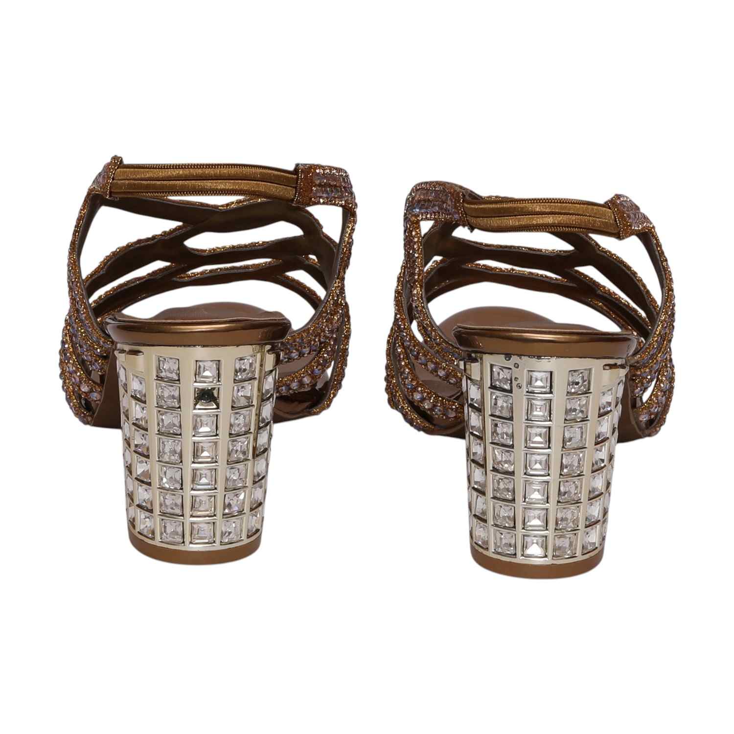 Women Glamorous Antique Gold Rhinestone Heeled Sandals