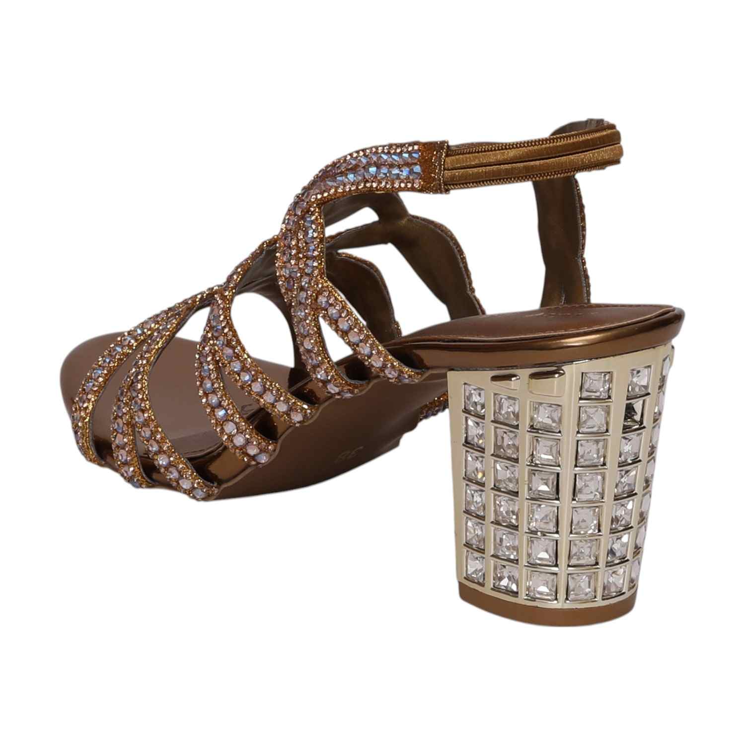 Women Glamorous Antique Gold Rhinestone Heeled Sandals