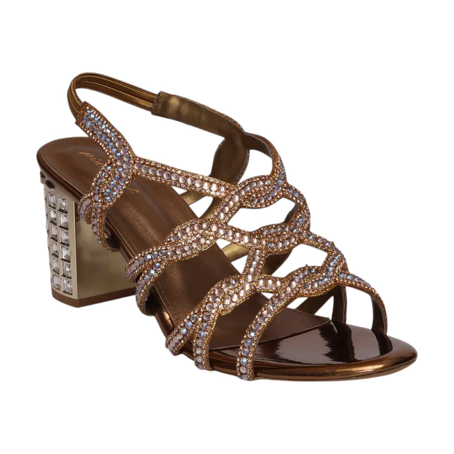 Women Glamorous Antique Gold Rhinestone Heeled Sandals
