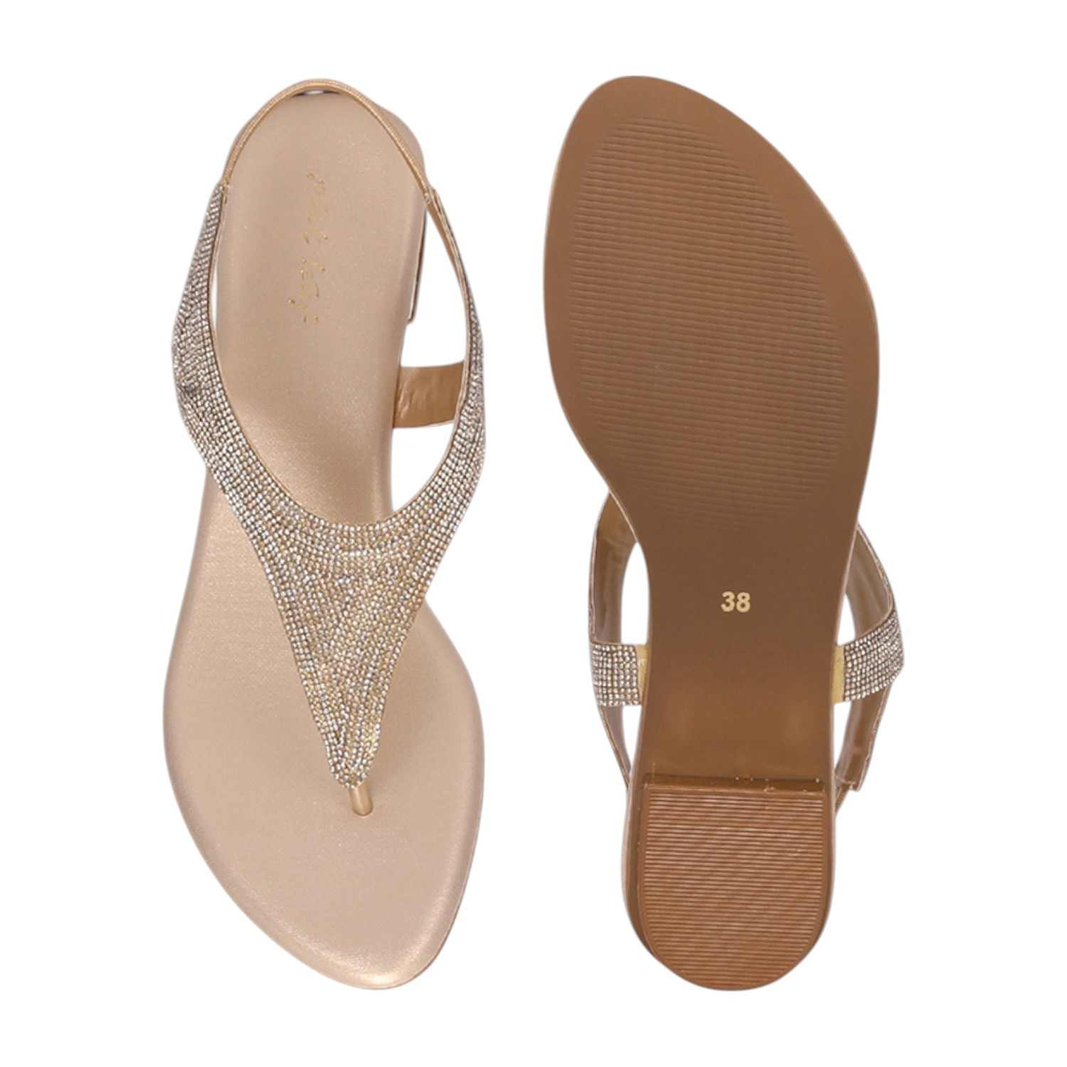 Women Golden Rhinestone Low Heel Sandals