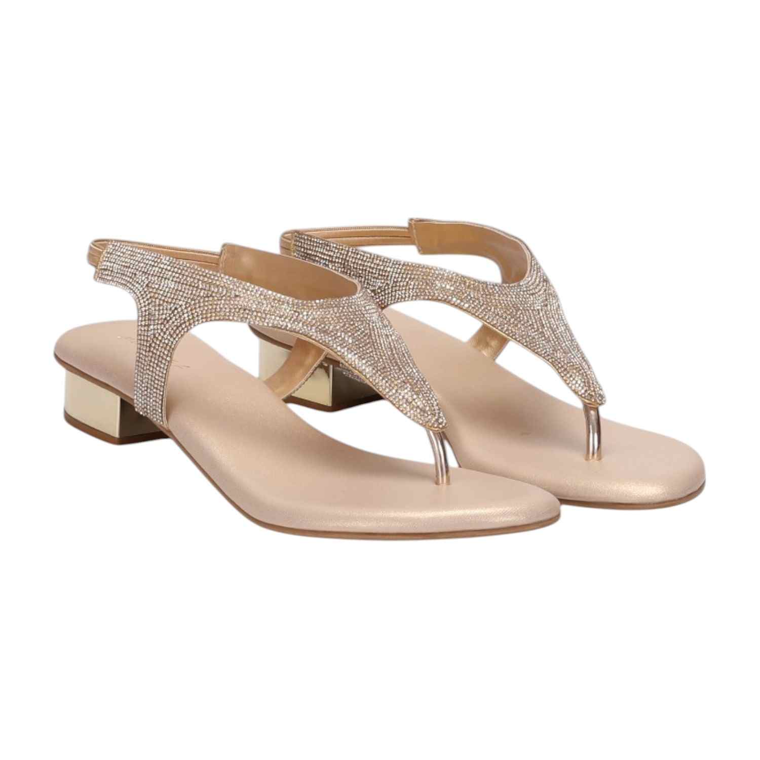 Women Golden Rhinestone Low Heel Sandals