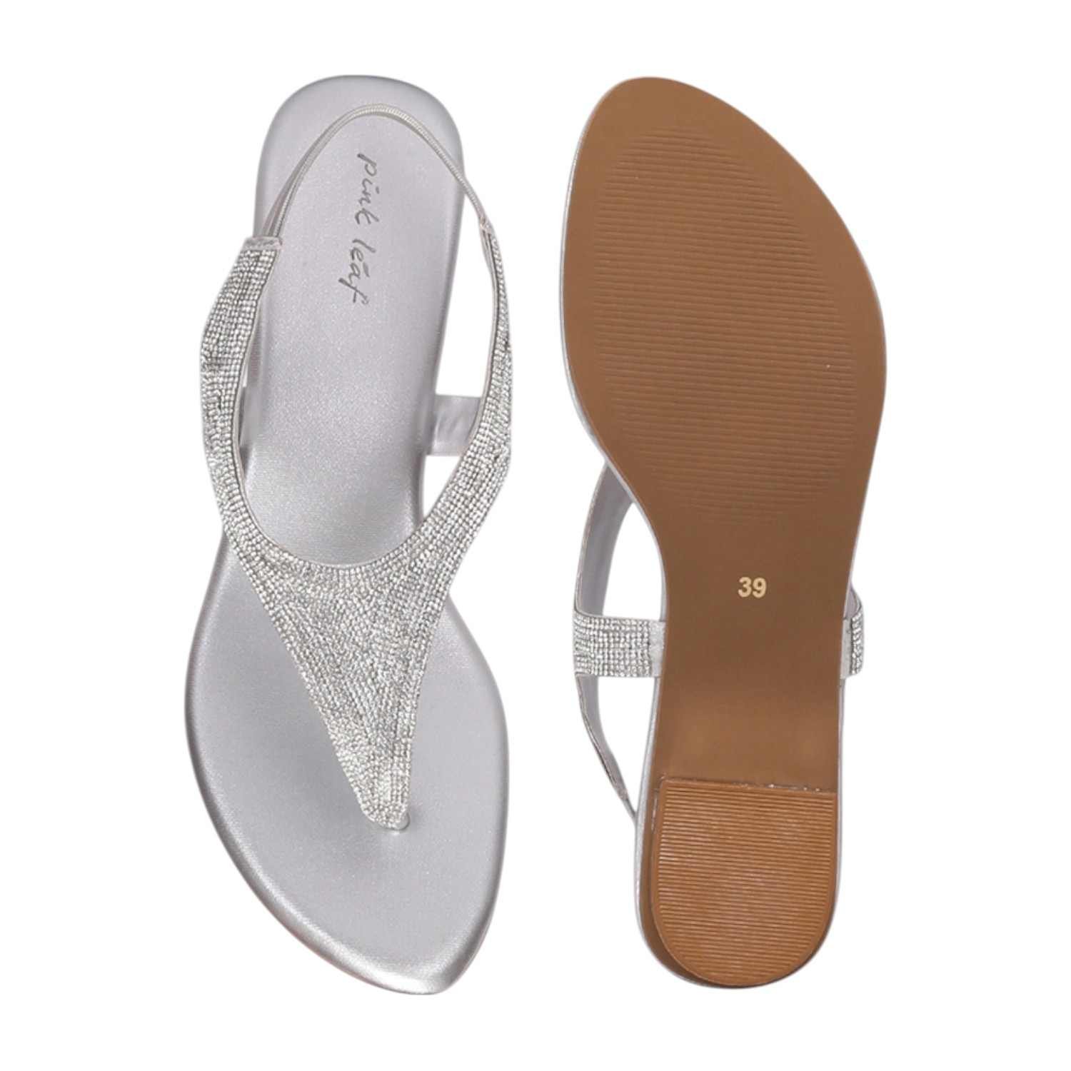Women Silver Rhinestone Low Heel Sandals