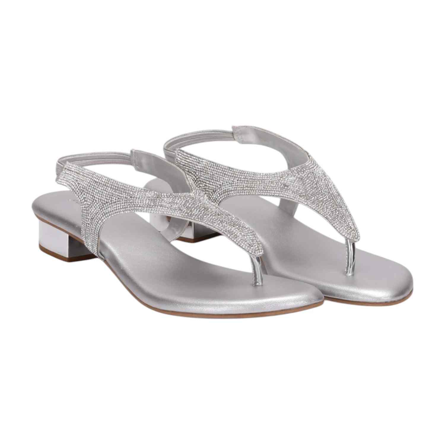 Women Silver Rhinestone Low Heel Sandals