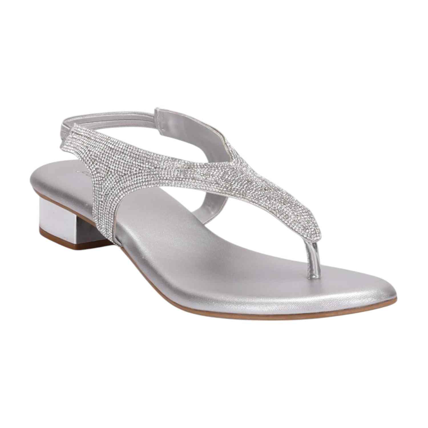 Women Silver Rhinestone Low Heel Sandals