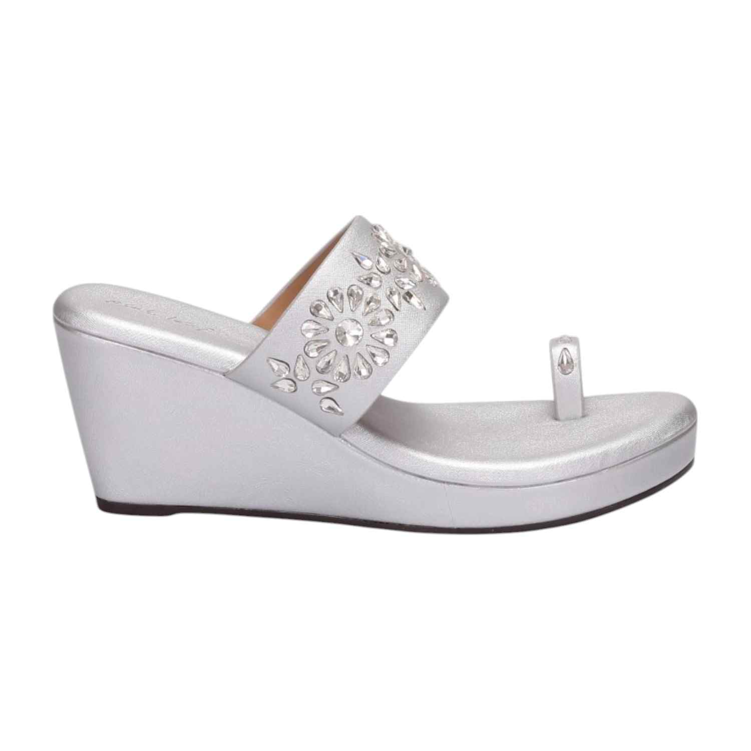 Women Silver Glaze Toe-Ring Wedges