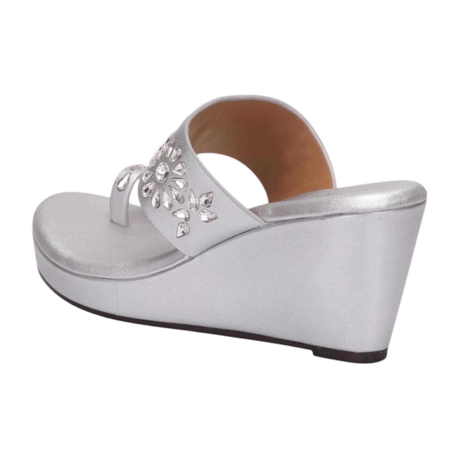 Women Silver Glaze Toe-Ring Wedges