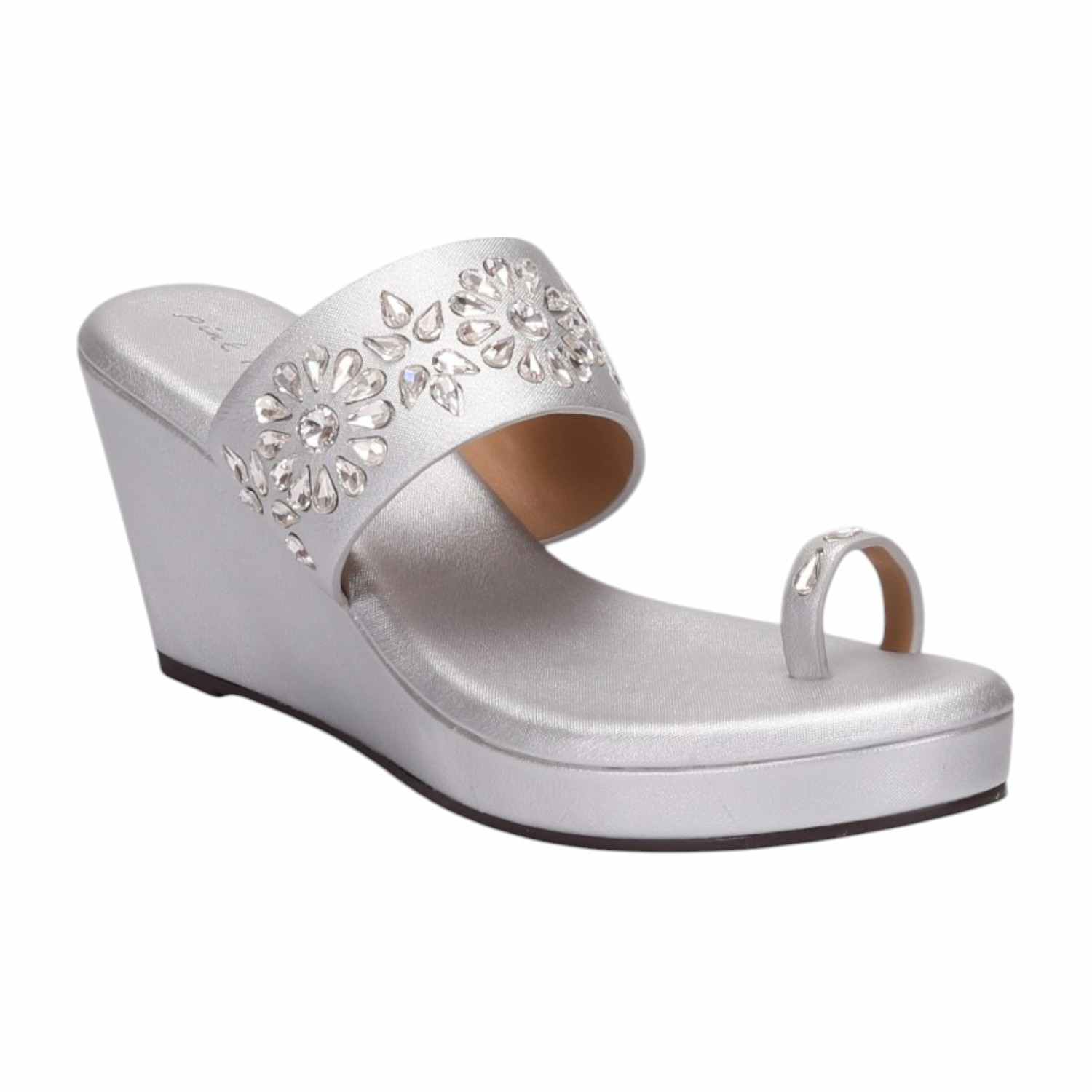 Women Silver Glaze Toe-Ring Wedges