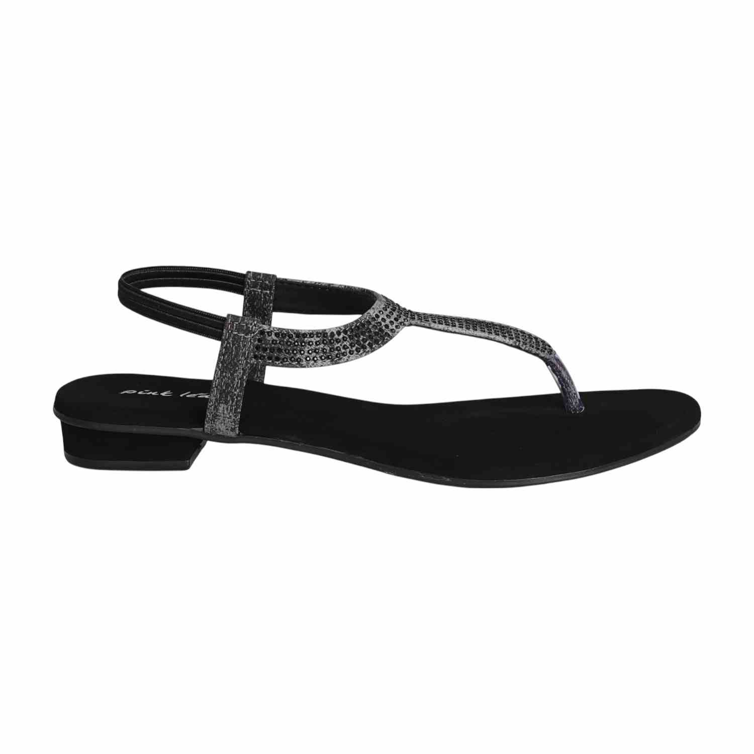 Women Black Shimmer Curve T-Strap Sandals