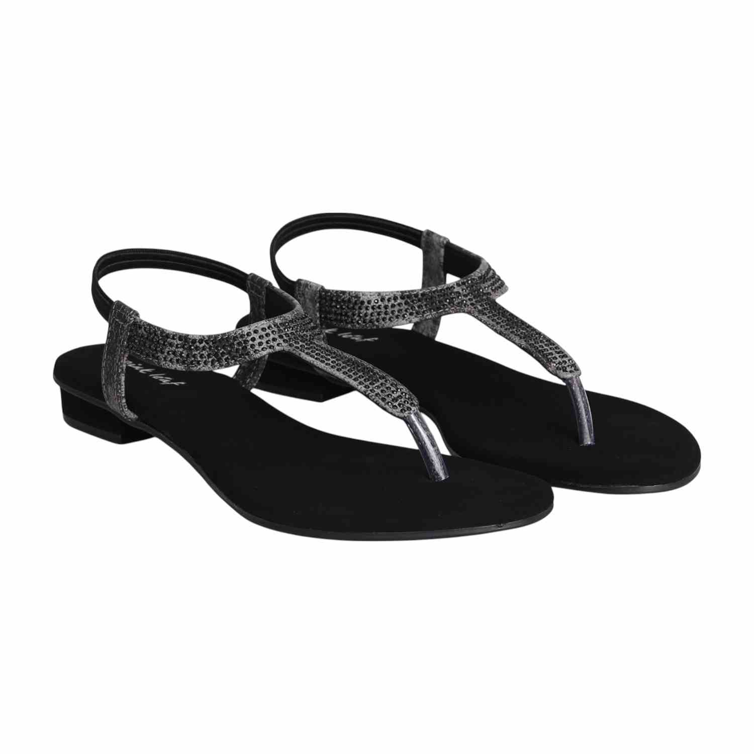 Women Black Shimmer Curve T-Strap Sandals