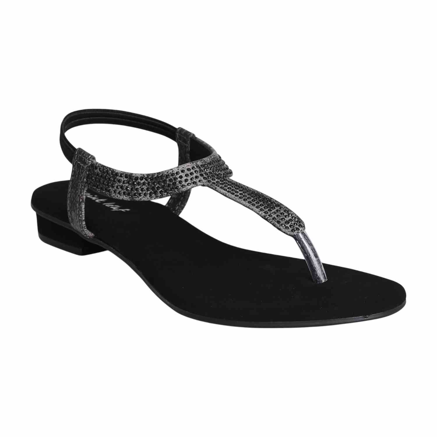 Women Black Shimmer Curve T-Strap Sandals