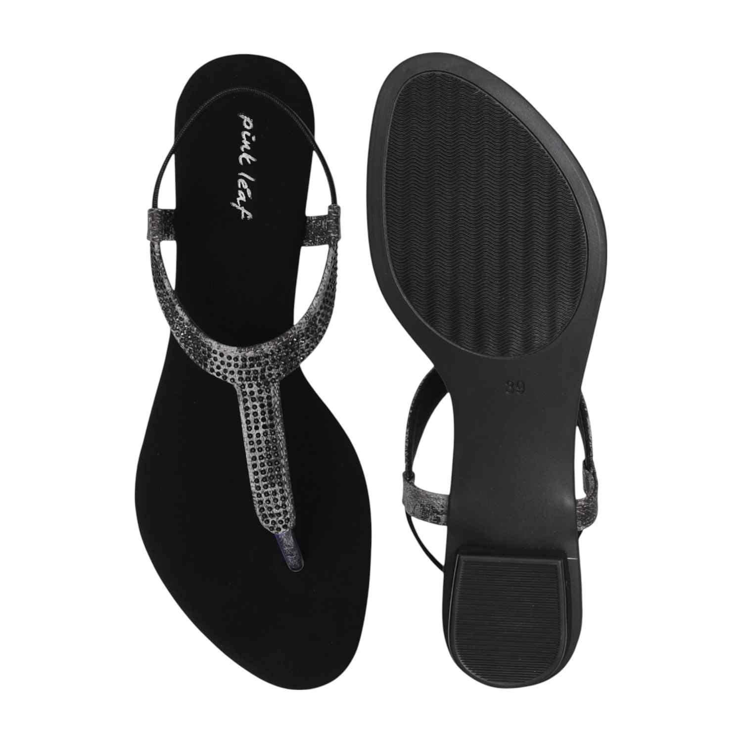 Women Black Shimmer Curve T-Strap Sandals