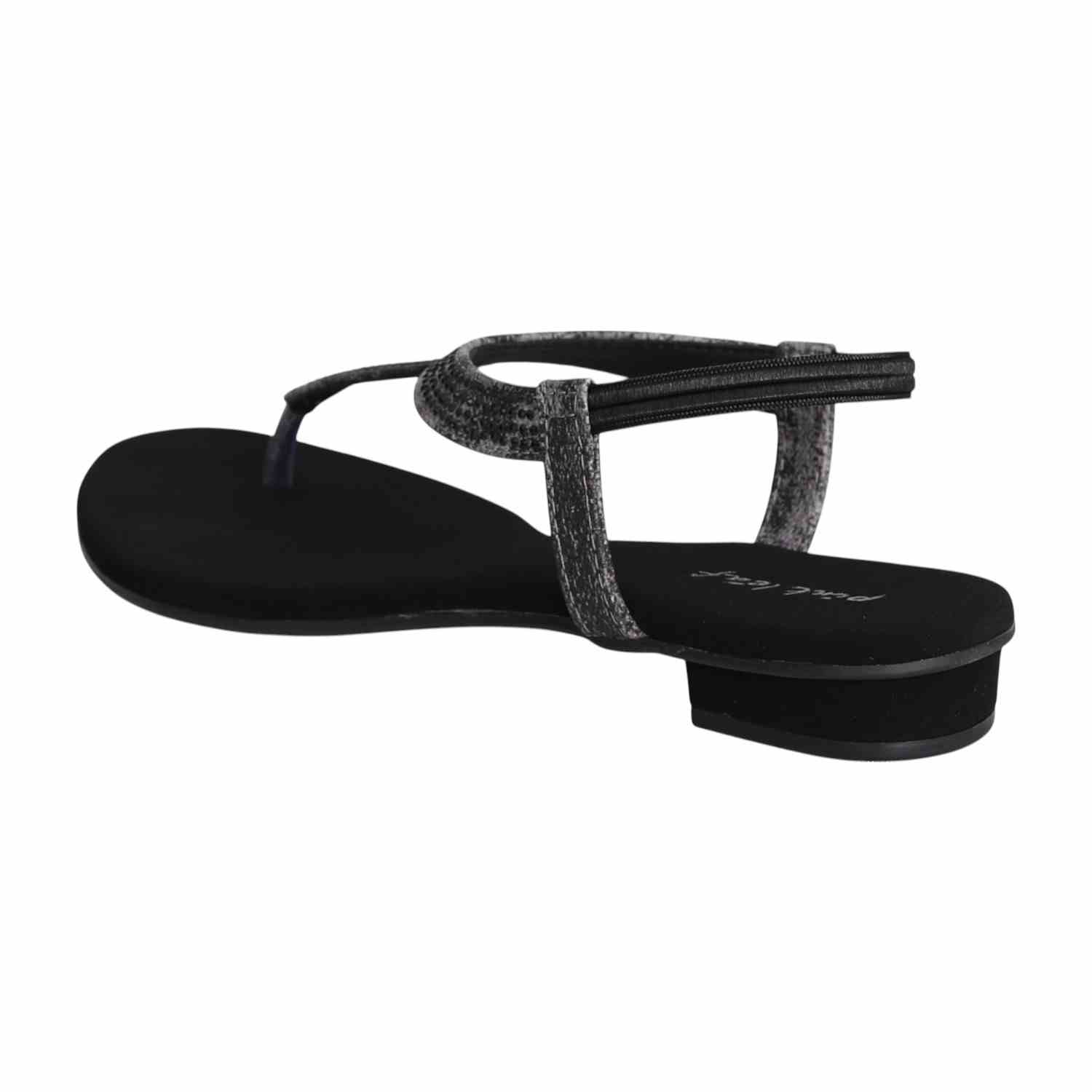 Women Black Shimmer Curve T-Strap Sandals