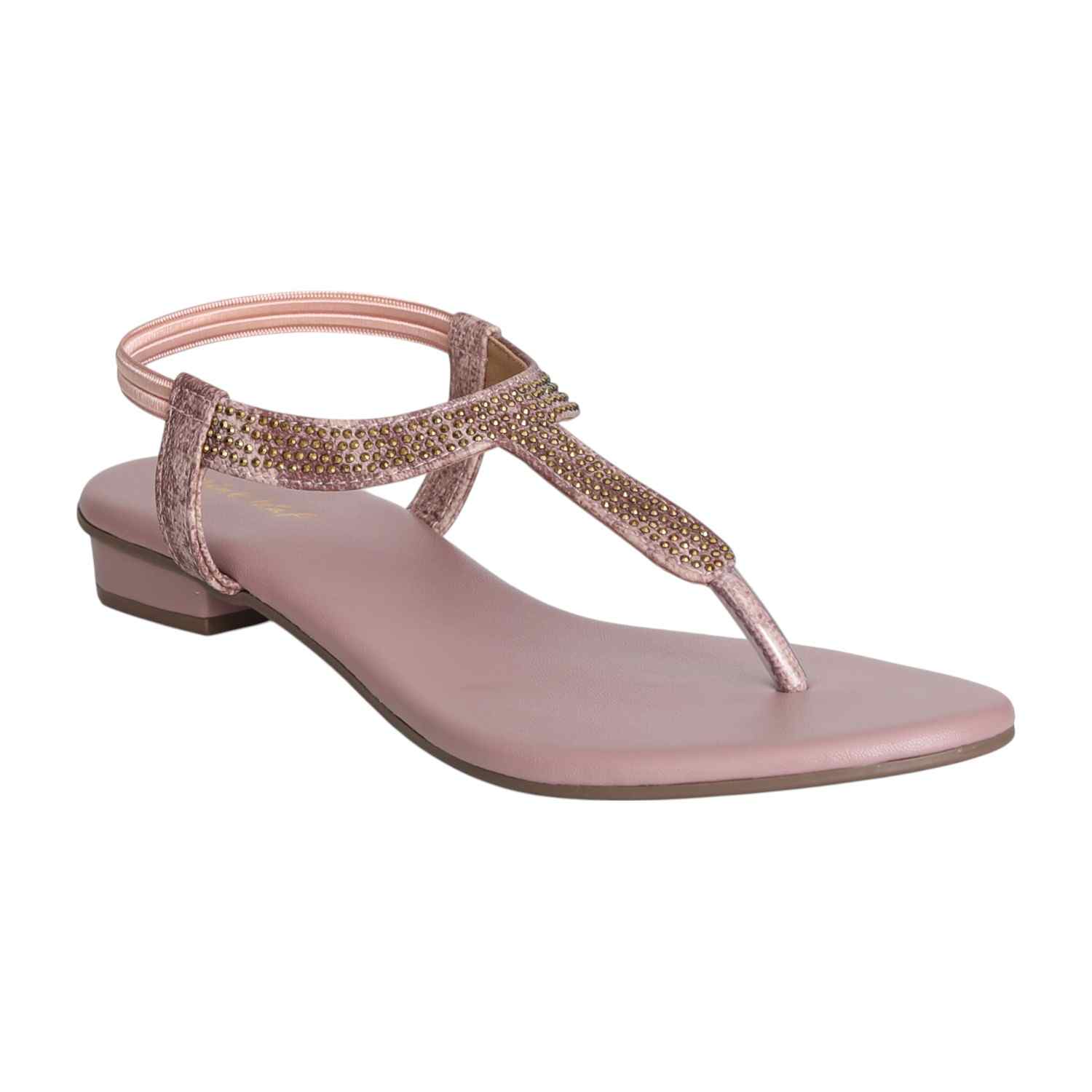 Women Peach Shimmer Curve T-Strap Sandals