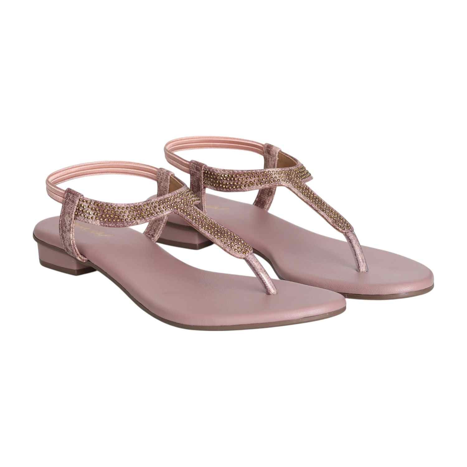 Women Peach Shimmer Curve T-Strap Sandals