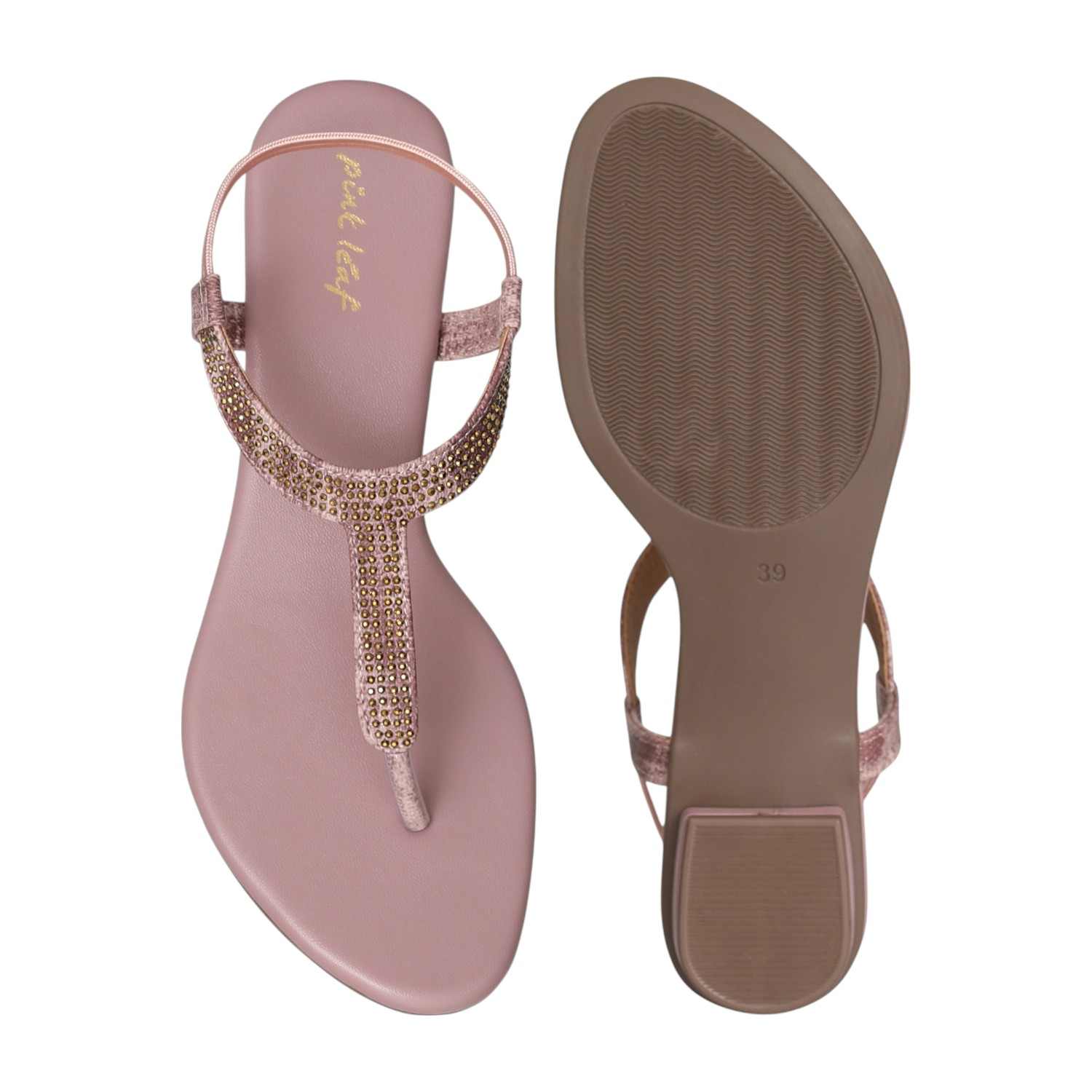 Women Peach Shimmer Curve T-Strap Sandals