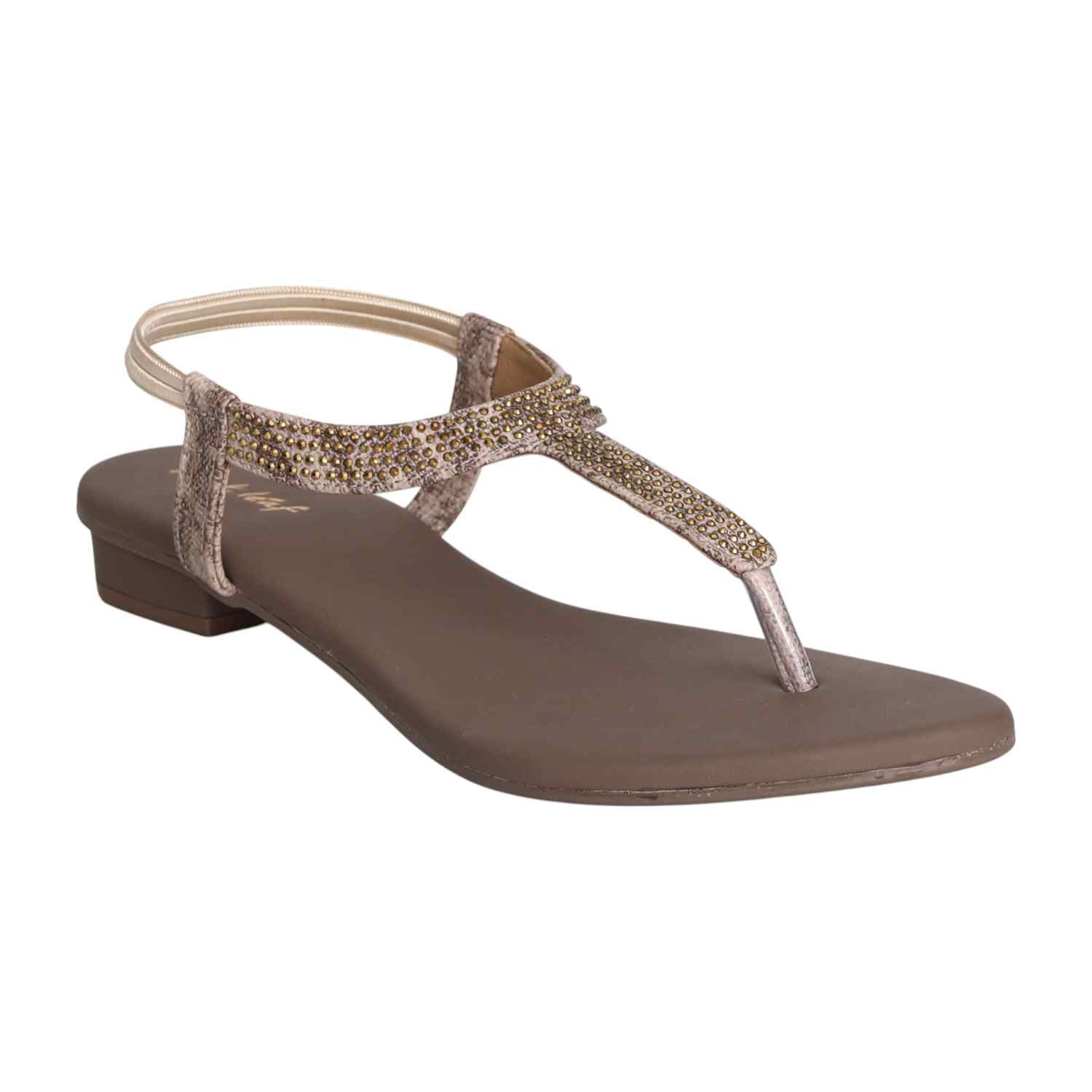 Women Beige Shimmer Curve T-Strap Sandals