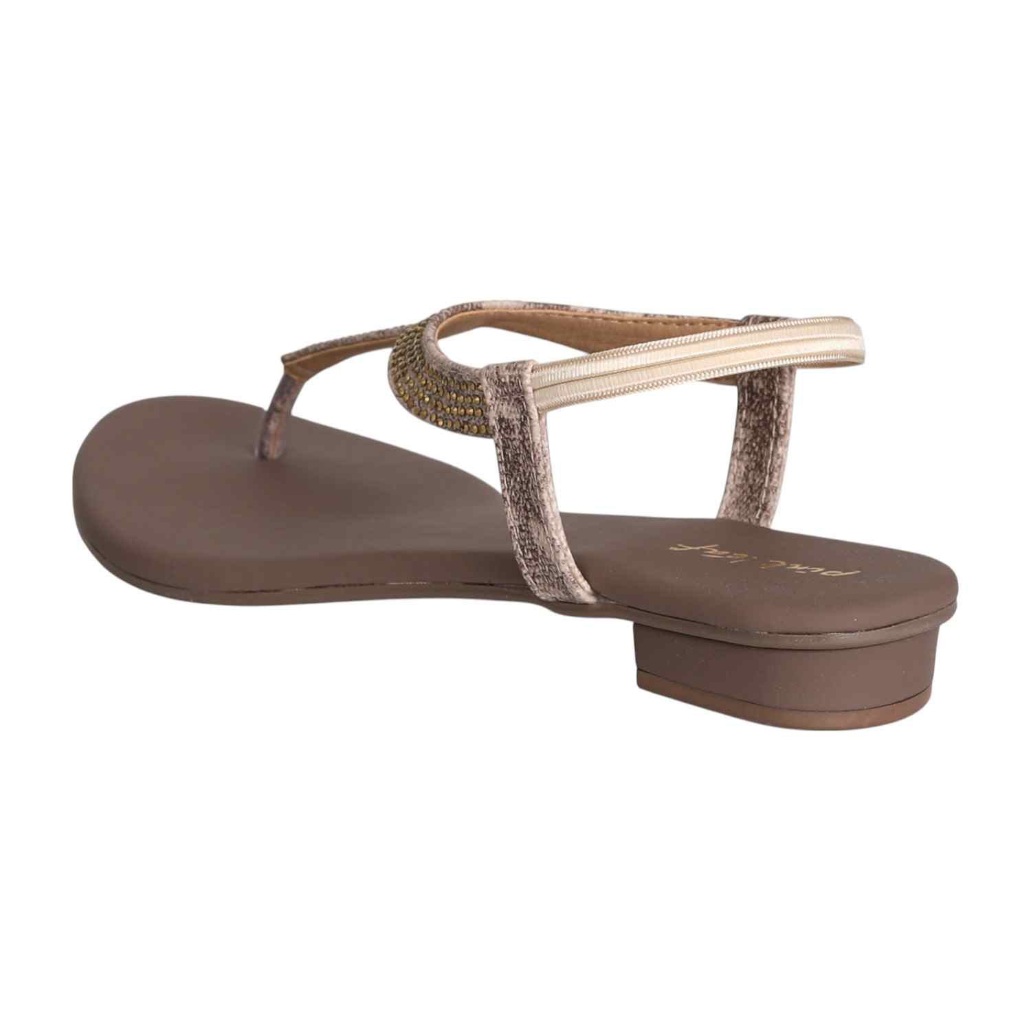 Women Beige Shimmer Curve T-Strap Sandals