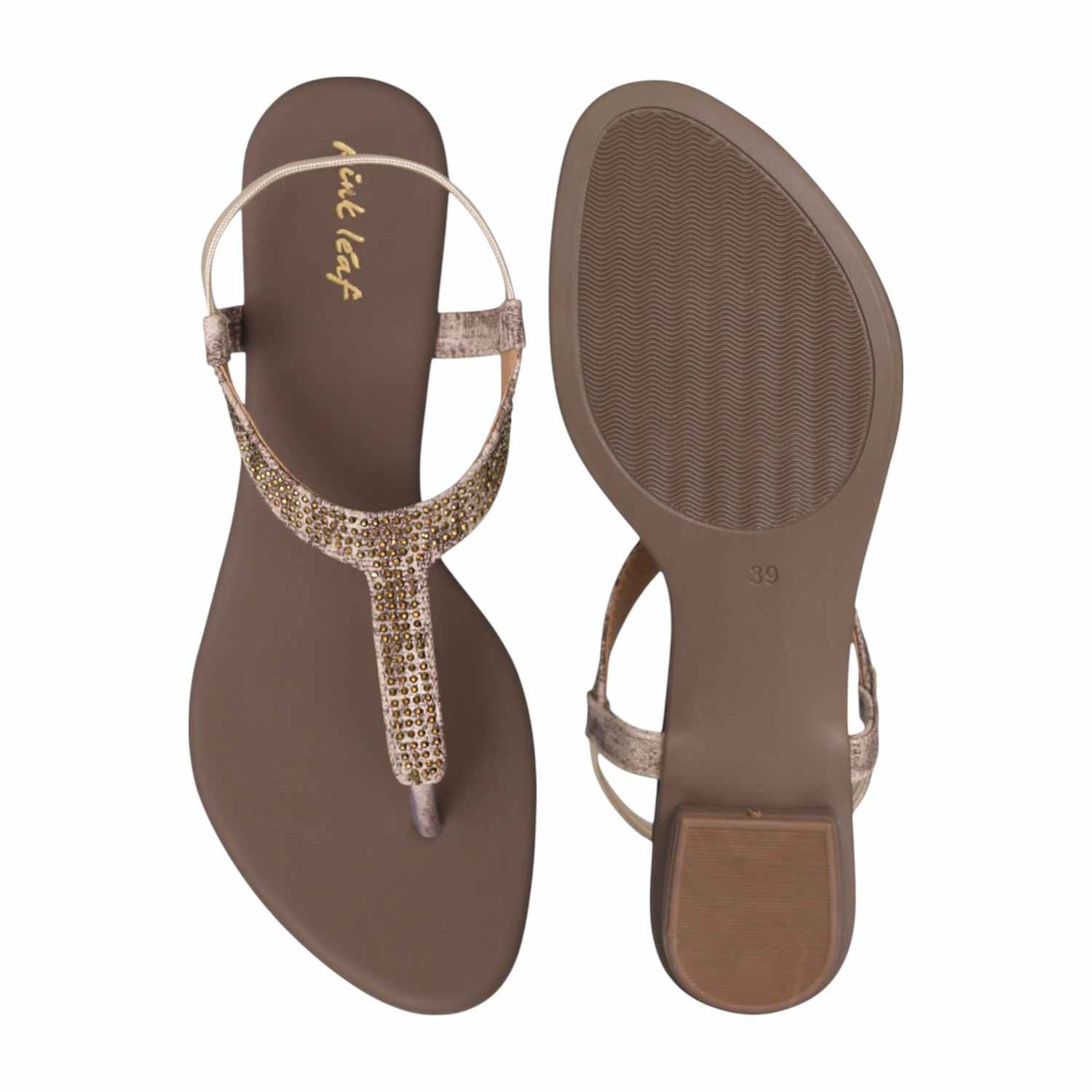 Women Beige Shimmer Curve T-Strap Sandals